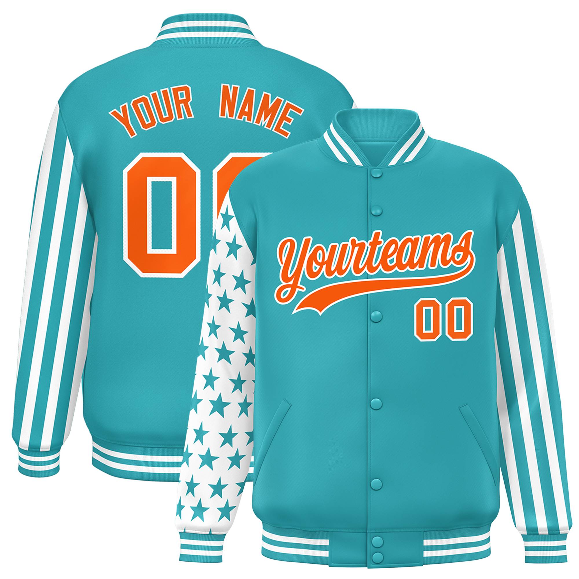 Custom Aqua American Flag Varsity Full-Snap Authentic Raglan Sleeves Letterman Bomber Jacket