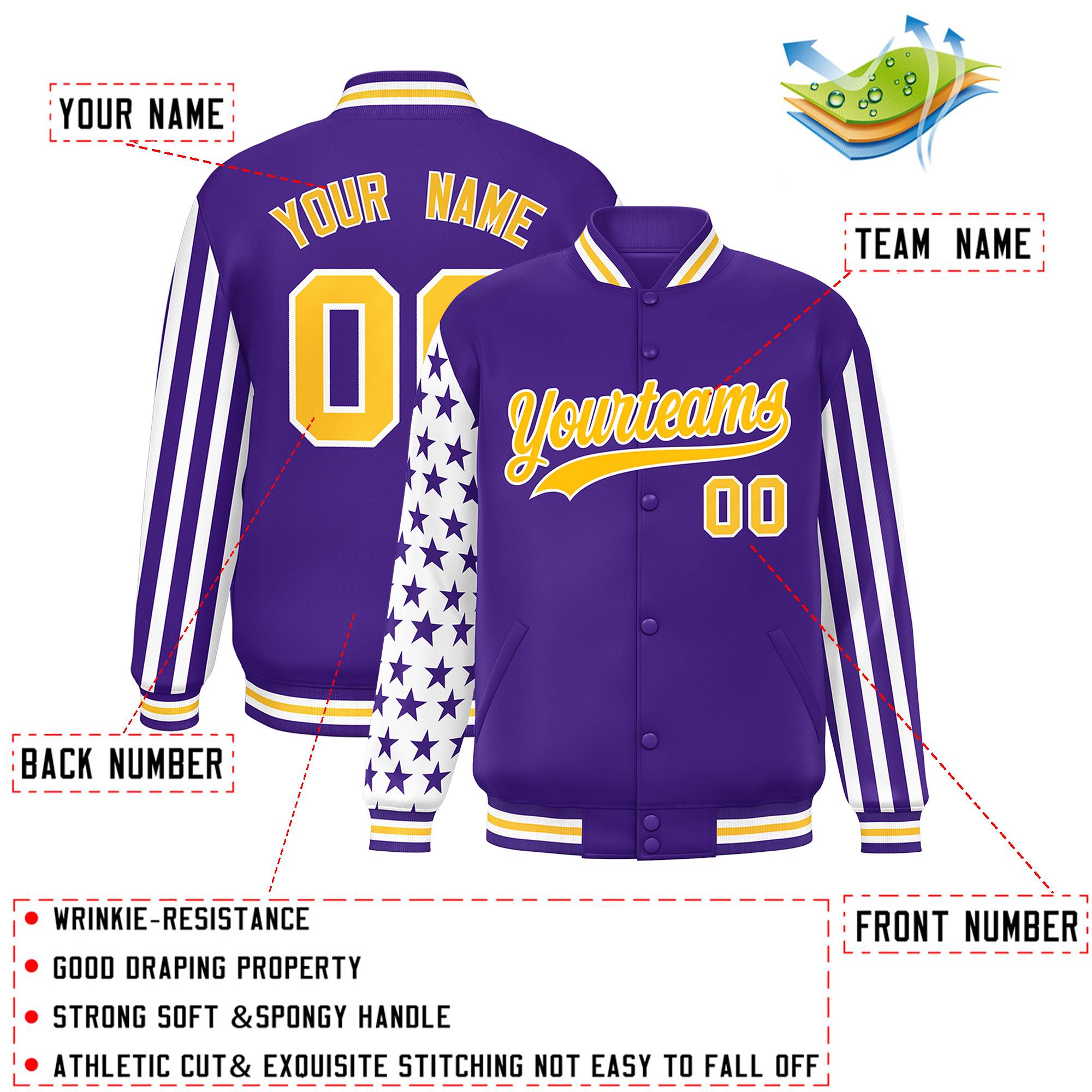 Custom Purple American Flag Varsity Full-Snap Authentic Raglan Sleeves Letterman Bomber Jacket