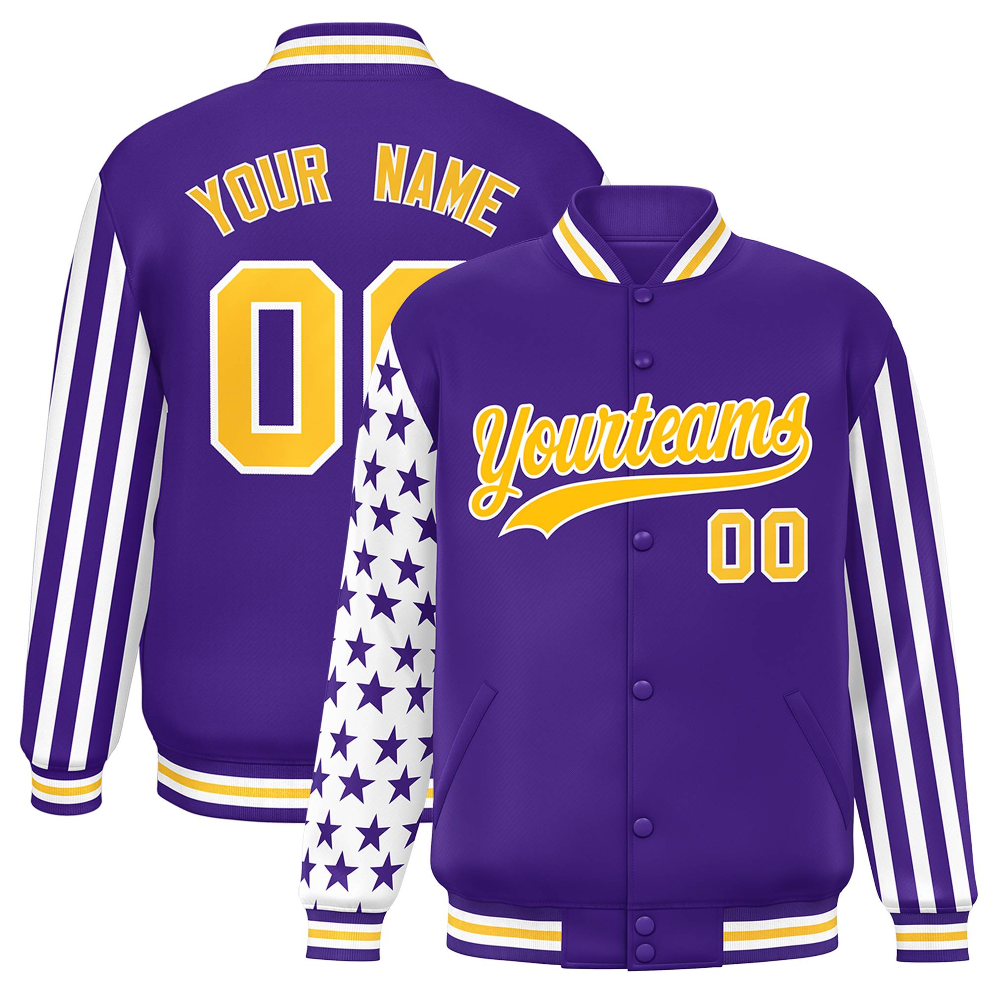 Custom Purple American Flag Varsity Full-Snap Authentic Raglan Sleeves Letterman Bomber Jacket