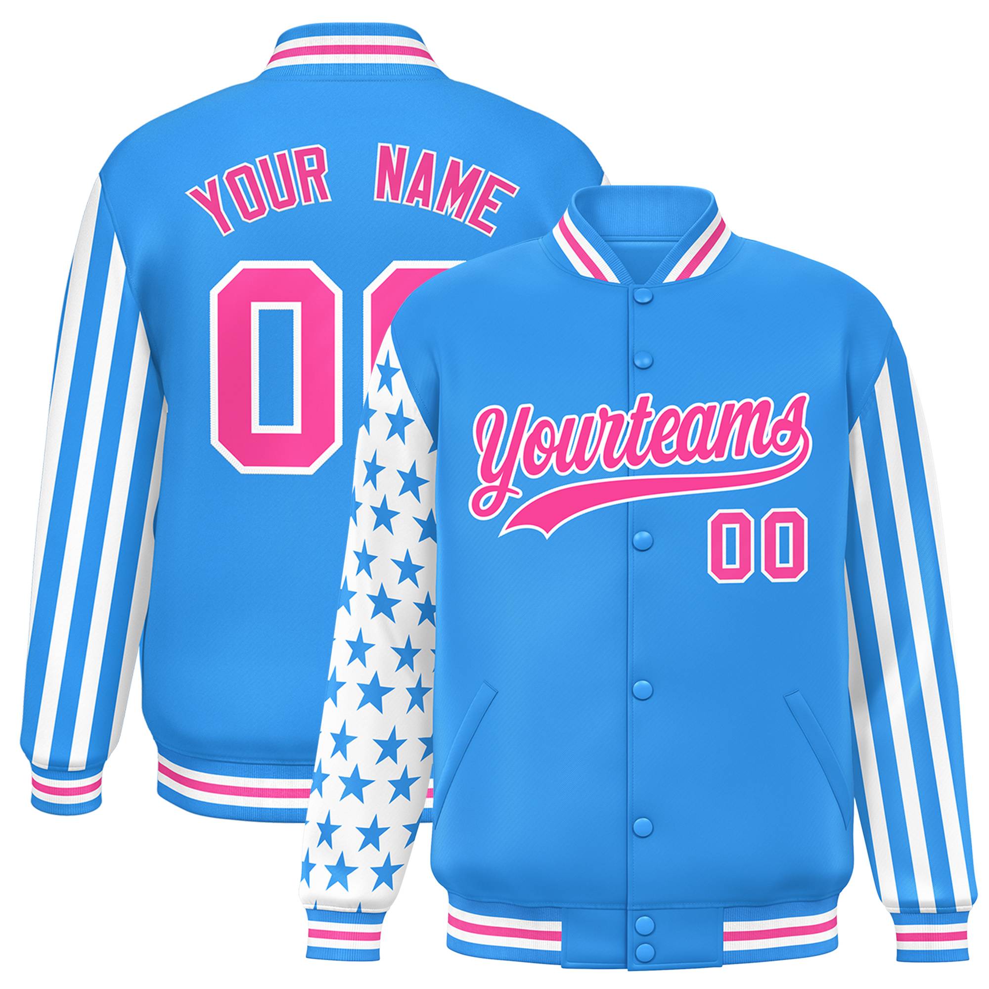 Custom Powder Blue American Flag Varsity Full-Snap Authentic Raglan Sleeves Letterman Bomber Jacket