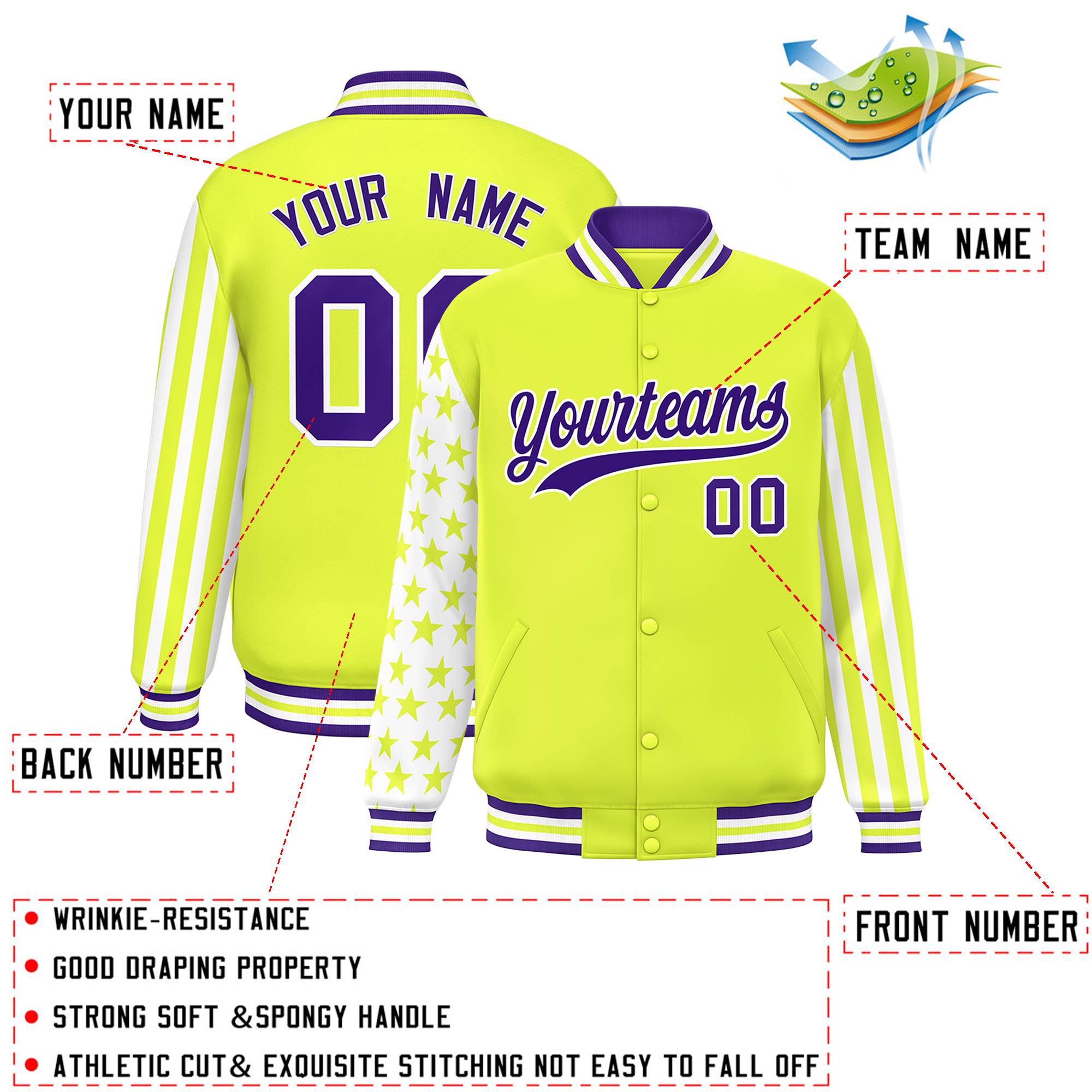 Custom Green American Flag Varsity Full-Snap Authentic Raglan Sleeves Letterman Bomber Jacket