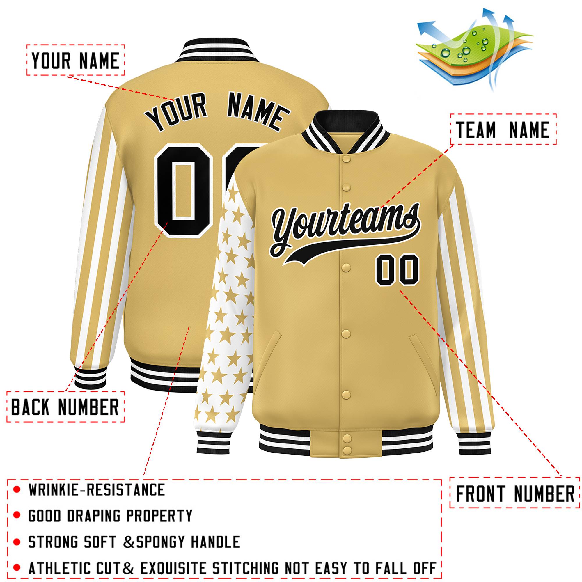 Custom Khaki American Flag Varsity Full-Snap Authentic Raglan Sleeves Letterman Bomber Jacket