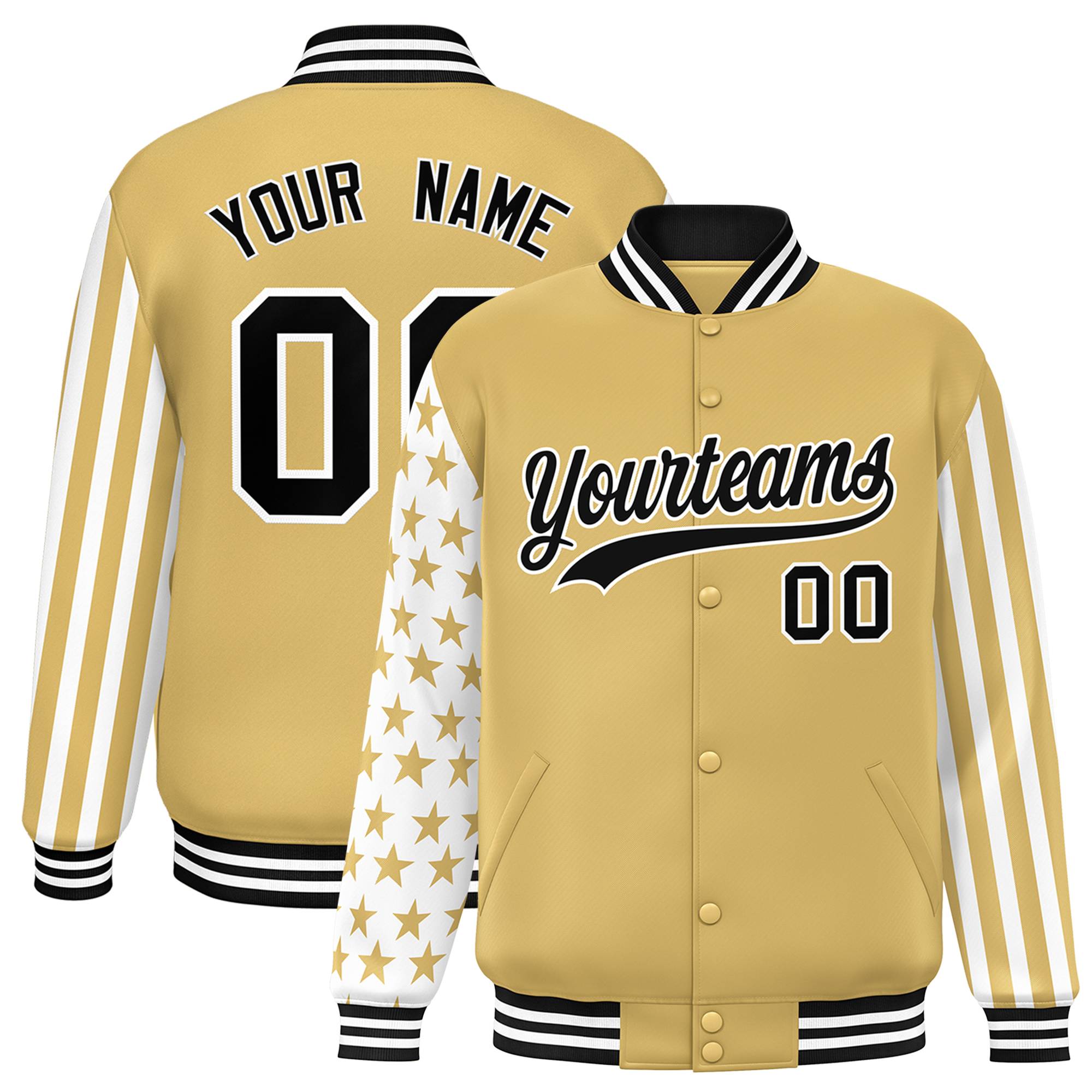 Custom Khaki American Flag Varsity Full-Snap Authentic Raglan Sleeves Letterman Bomber Jacket