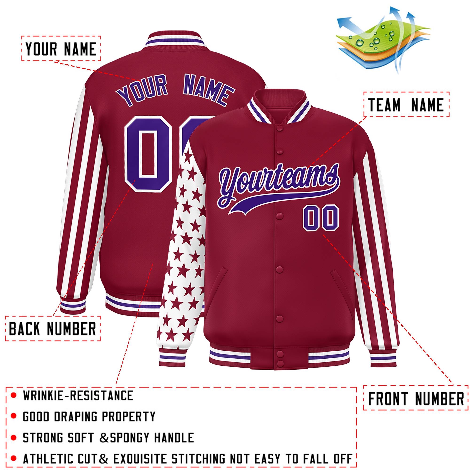 Custom Crimson American Flag Varsity Full-Snap Authentic Raglan Sleeves Letterman Bomber Jacket