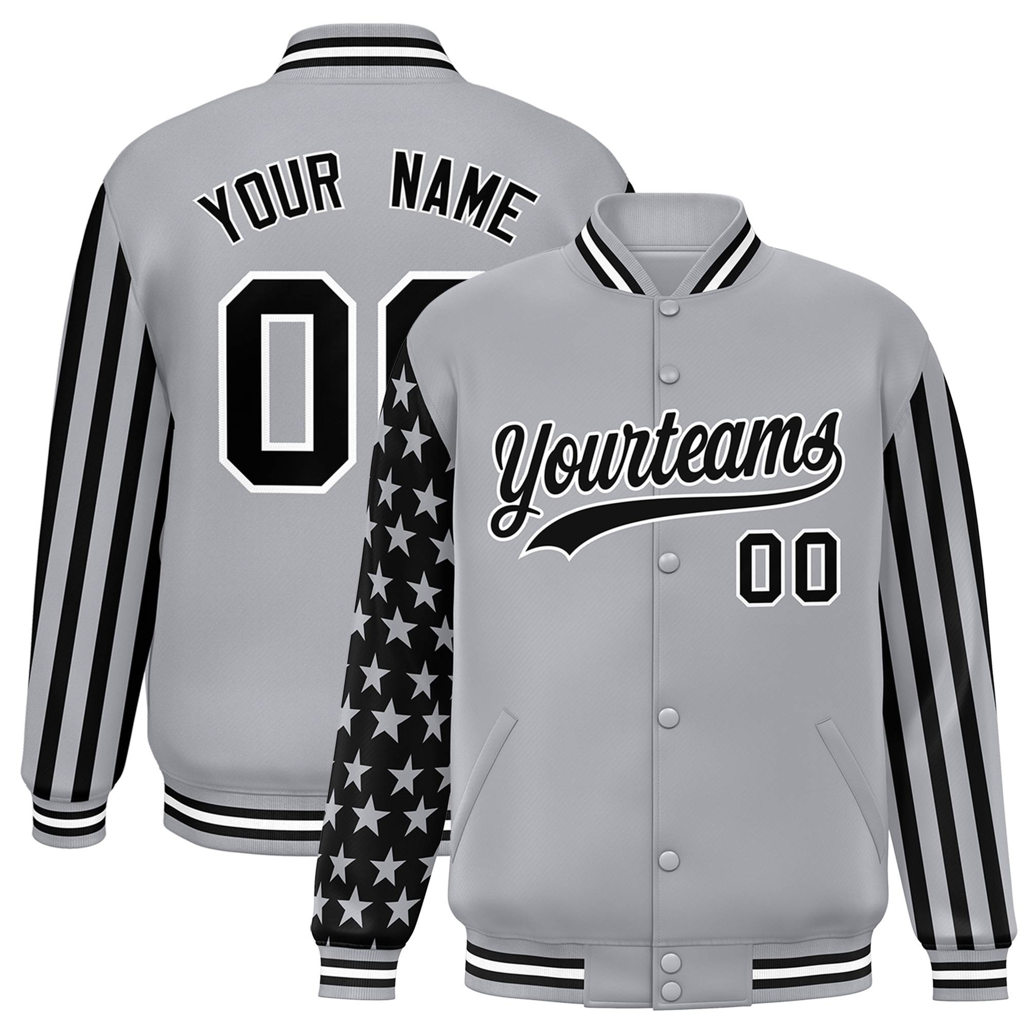 Custom Gray American Flag Varsity Full-Snap Authentic Raglan Sleeves Letterman Bomber Jacket