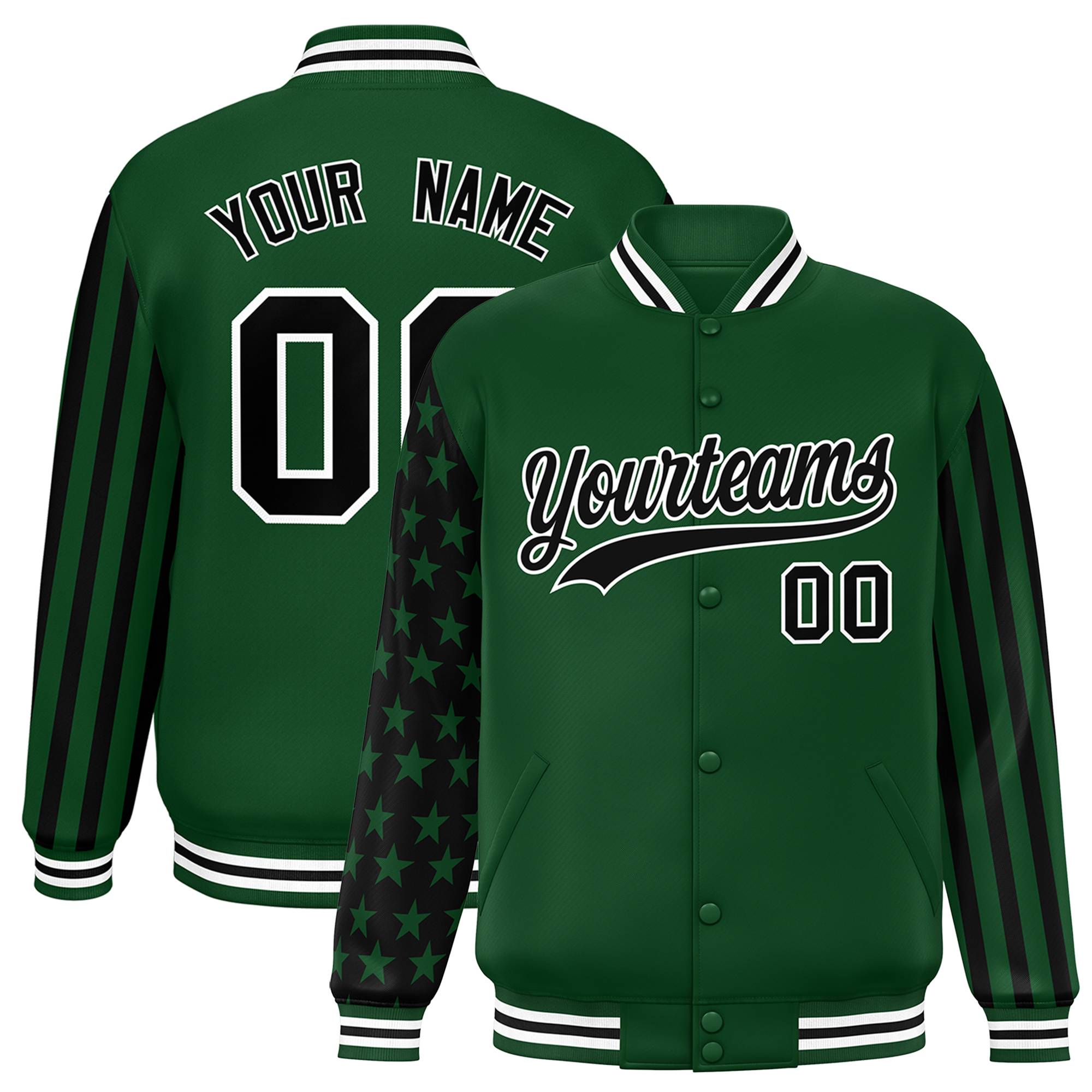 Custom Green American Flag Varsity Full-Snap Authentic Raglan Sleeves Letterman Bomber Jacket