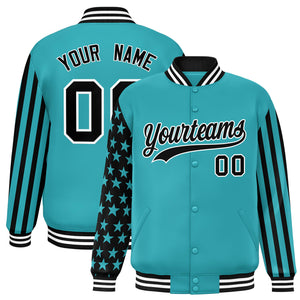 Custom Aqua American Flag Varsity Full-Snap Authentic Raglan Sleeves Letterman Bomber Jacket