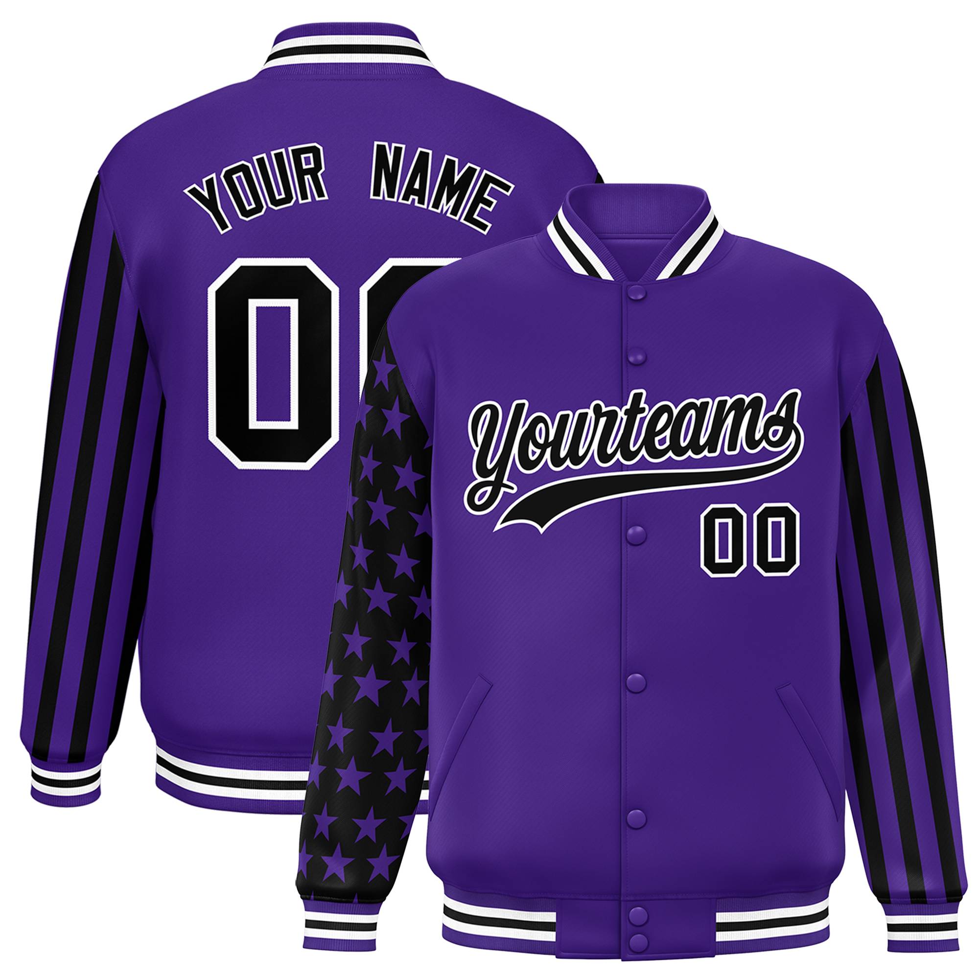 Custom Purple American Flag Varsity Full-Snap Authentic Raglan Sleeves Letterman Bomber Jacket