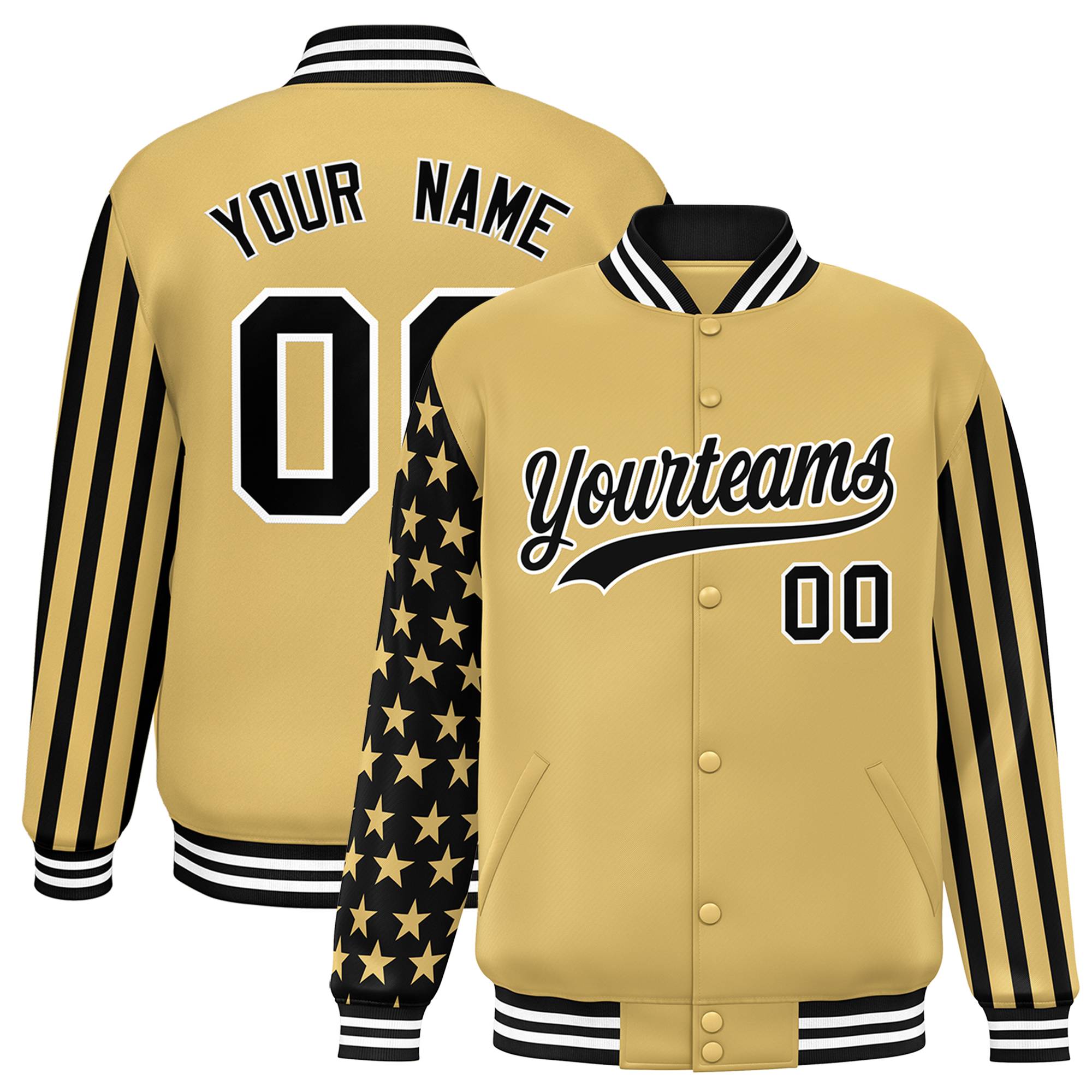 Custom Khaki American Flag Varsity Full-Snap Authentic Raglan Sleeves Letterman Bomber Jacket