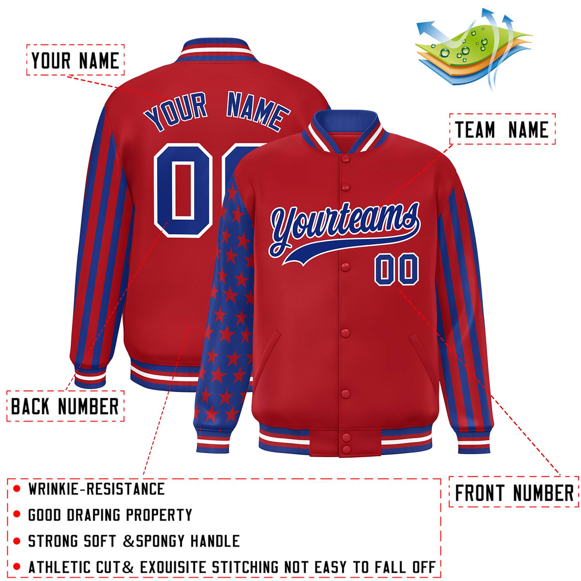 Custom Red American Flag Varsity Full-Snap Authentic Raglan Sleeves Letterman Bomber Jacket