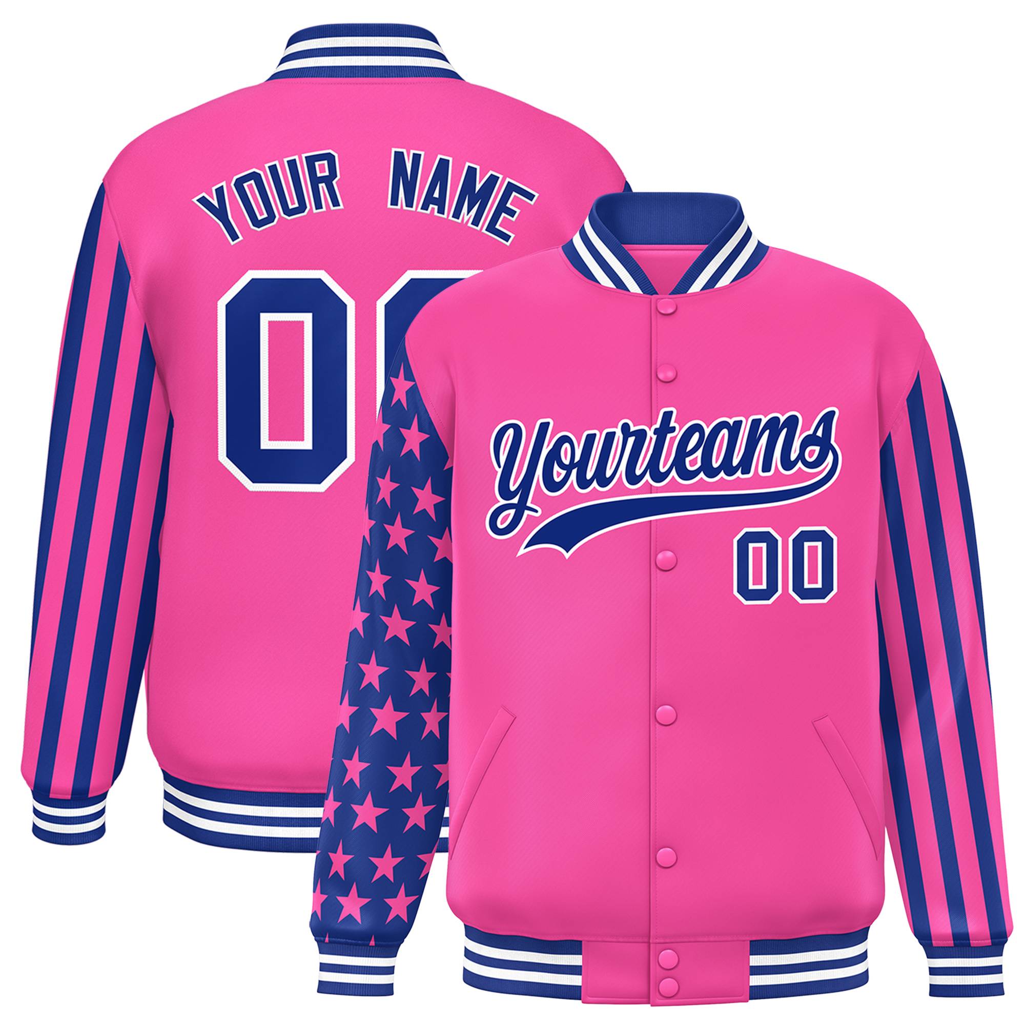 Custom Pink American Flag Varsity Full-Snap Authentic Raglan Sleeves Letterman Bomber Jacket