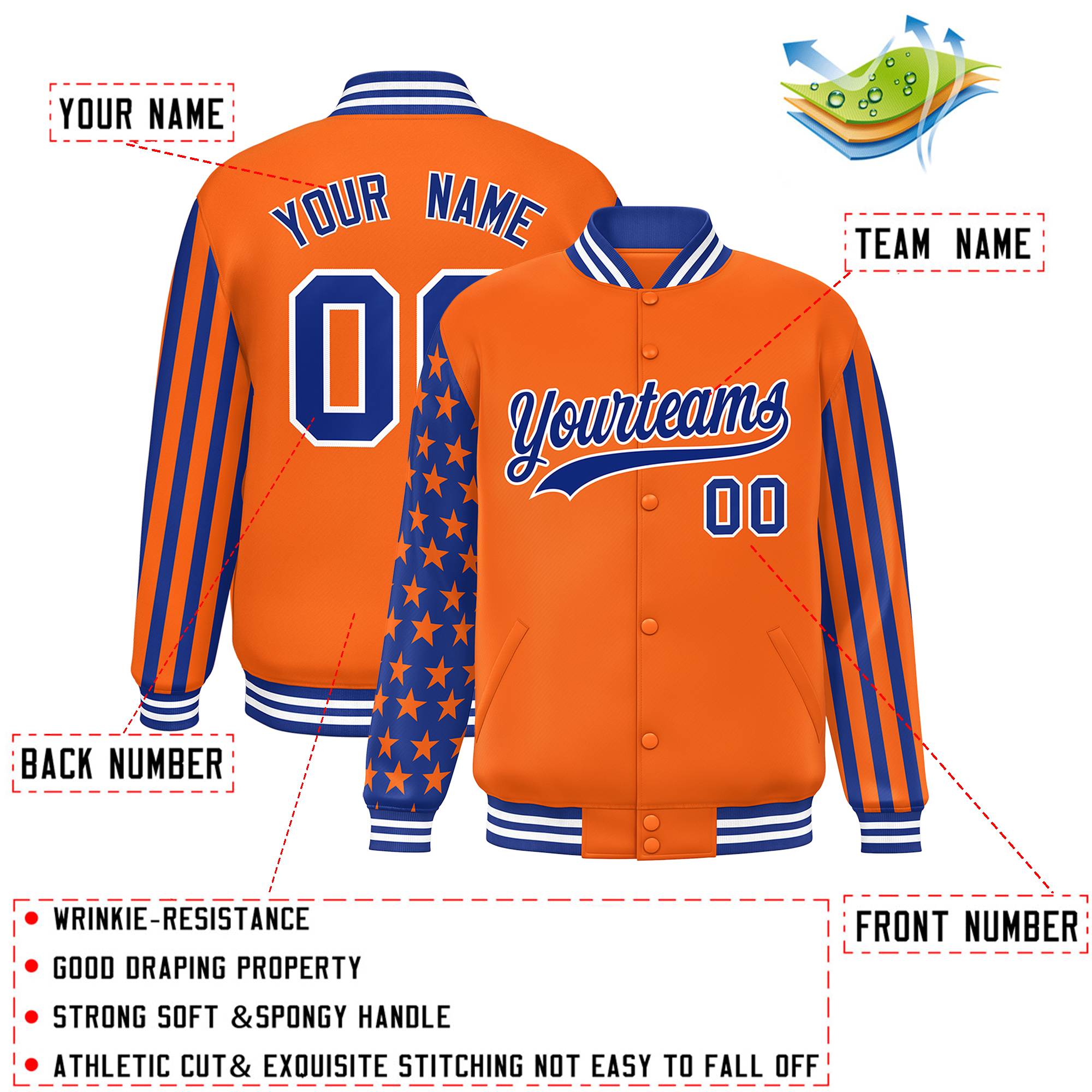 Custom Orange American Flag Varsity Full-Snap Authentic Raglan Sleeves Letterman Bomber Jacket