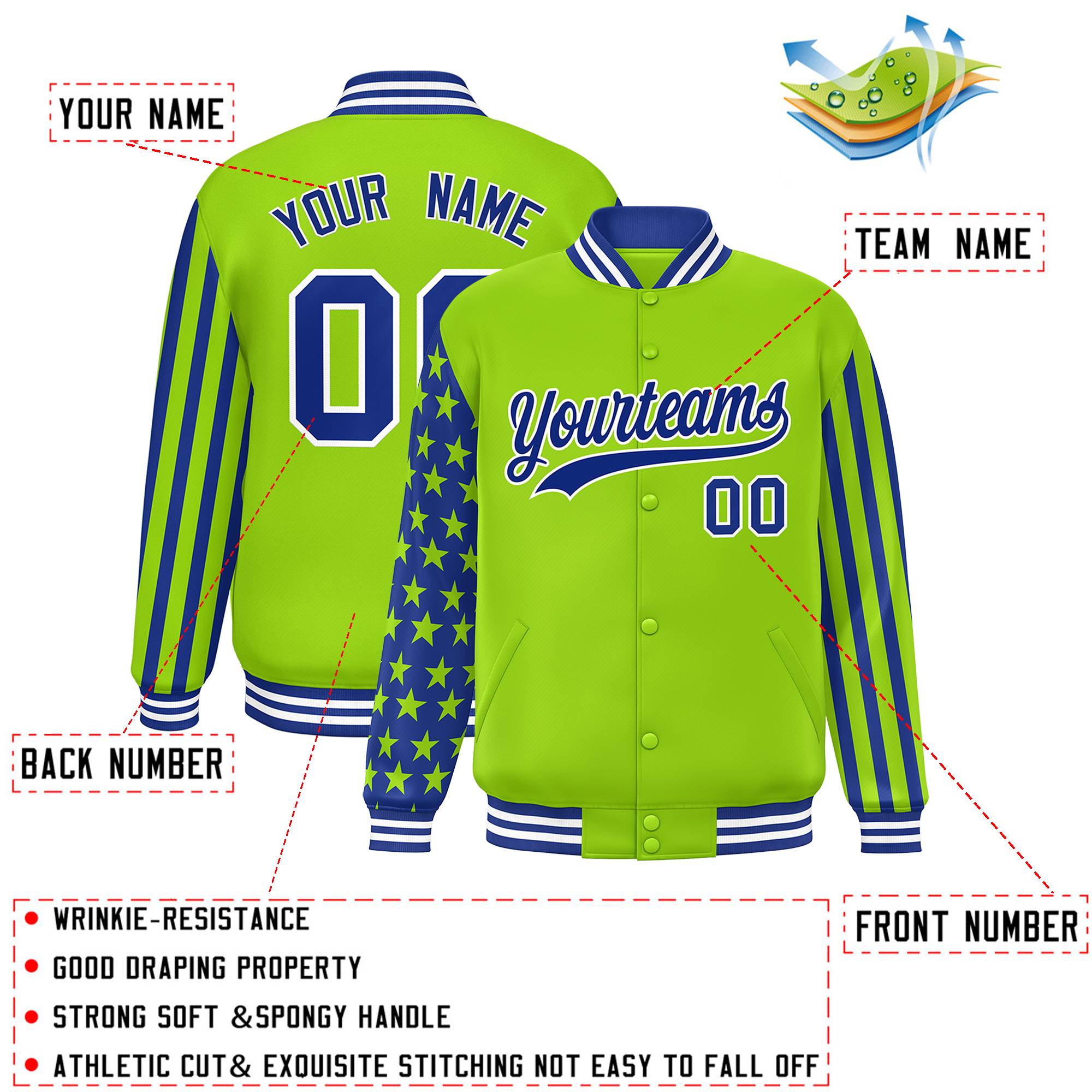 Custom Neon Green American Flag Varsity Full-Snap Authentic Raglan Sleeves Letterman Bomber Jacket