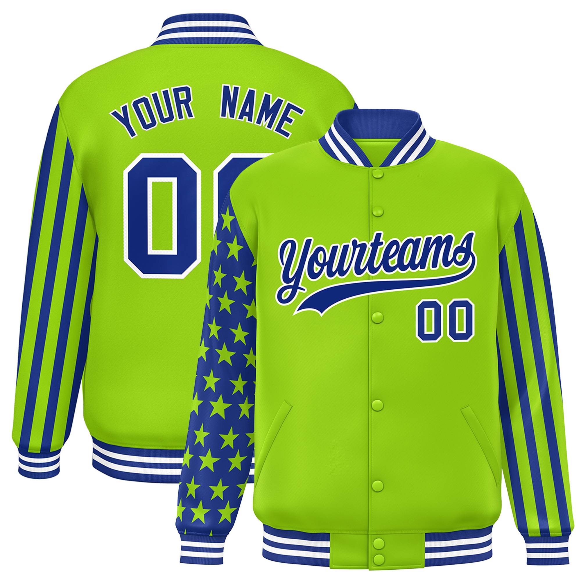 Custom Neon Green American Flag Varsity Full-Snap Authentic Raglan Sleeves Letterman Bomber Jacket