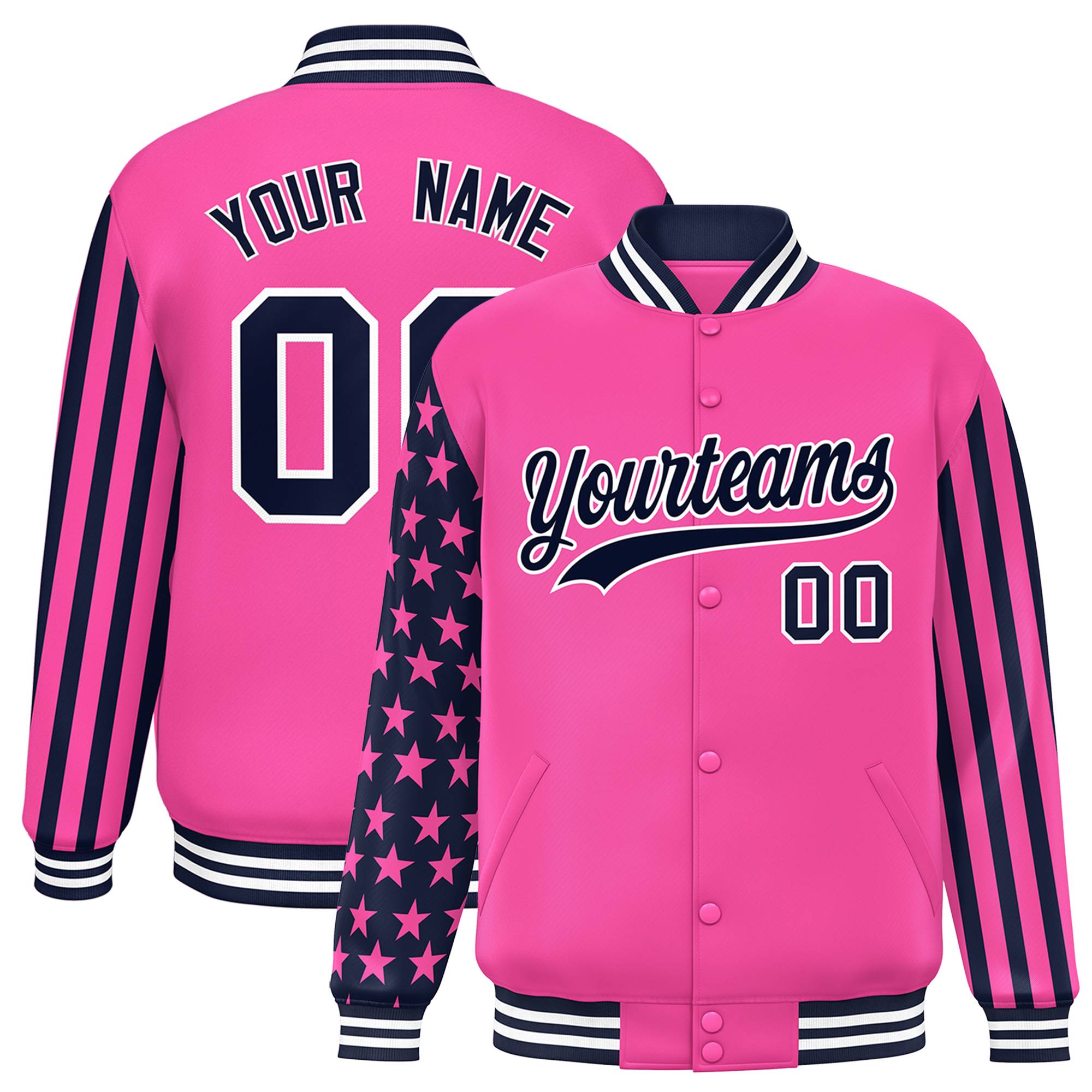 Custom Pink American Flag Varsity Full-Snap Authentic Raglan Sleeves Letterman Bomber Jacket