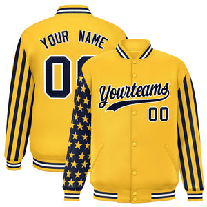 Custom Gold American Flag Varsity Full-Snap Authentic Raglan Sleeves Letterman Bomber Jacket