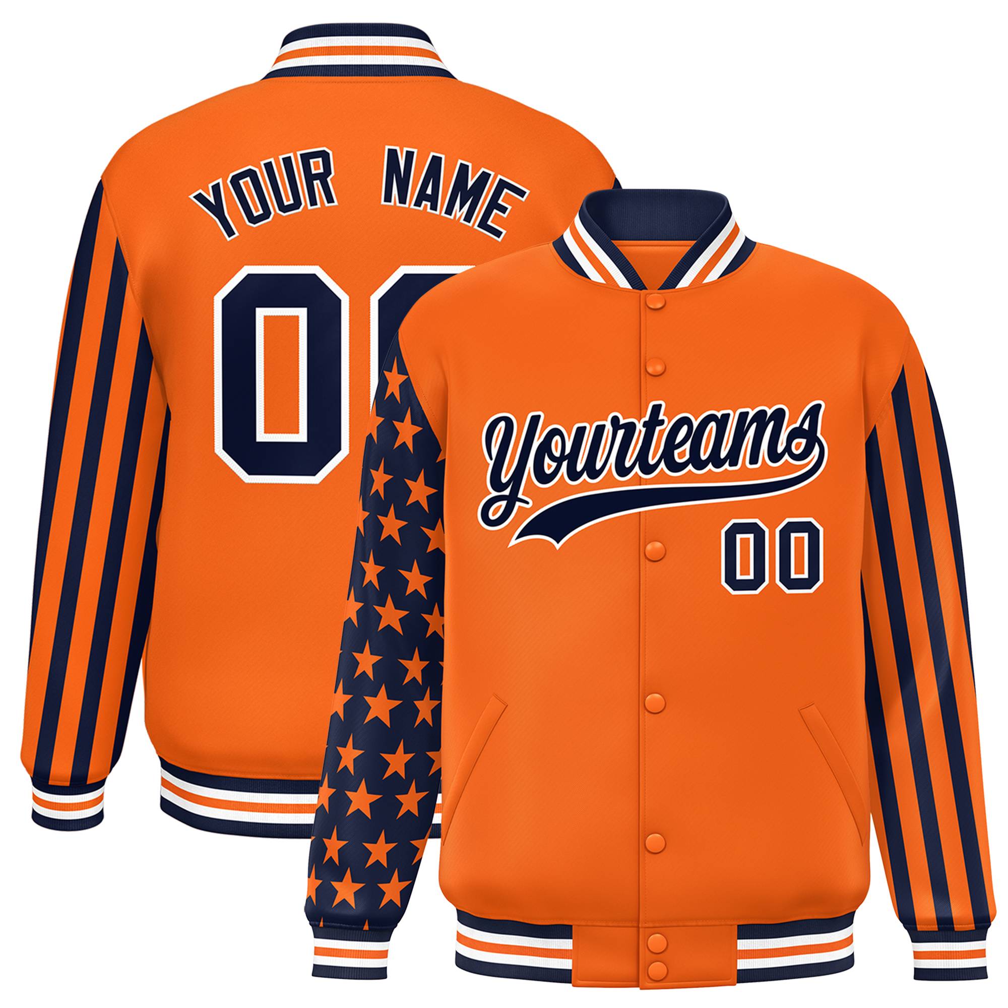 Custom Orange American Flag Varsity Full-Snap Authentic Raglan Sleeves Letterman Bomber Jacket