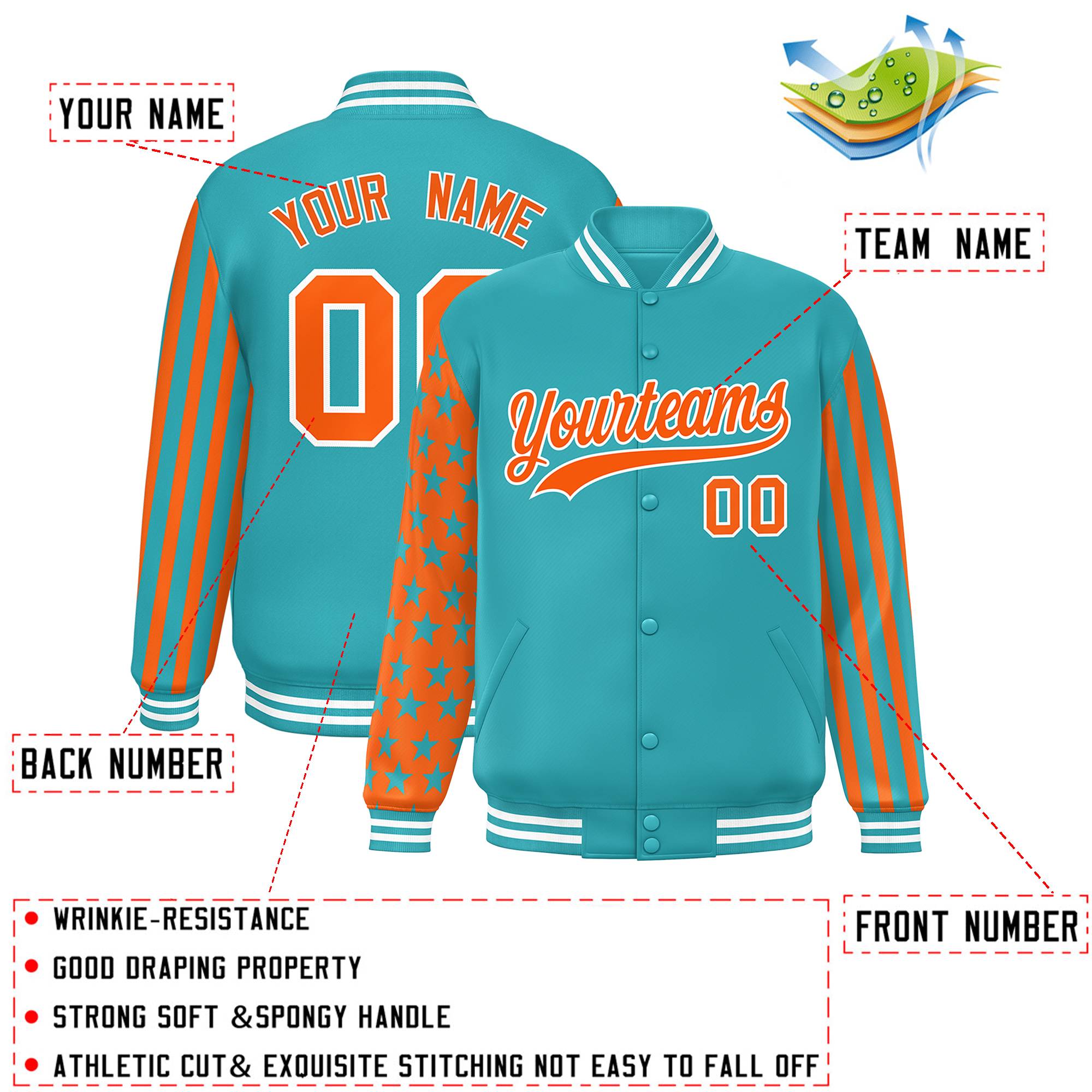 Custom Aqua American Flag Varsity Full-Snap Authentic Raglan Sleeves Letterman Bomber Jacket