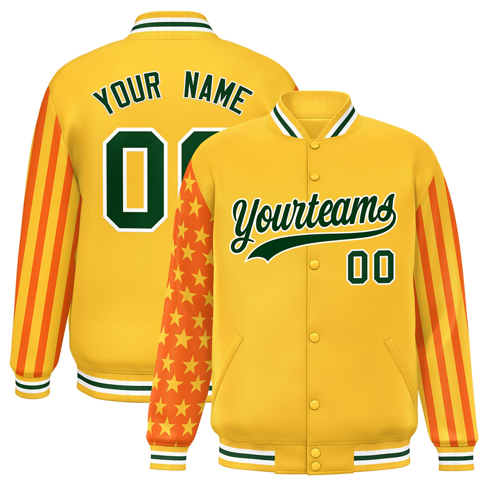 Custom Gold American Flag Varsity Full-Snap Authentic Raglan Sleeves Letterman Bomber Jacket