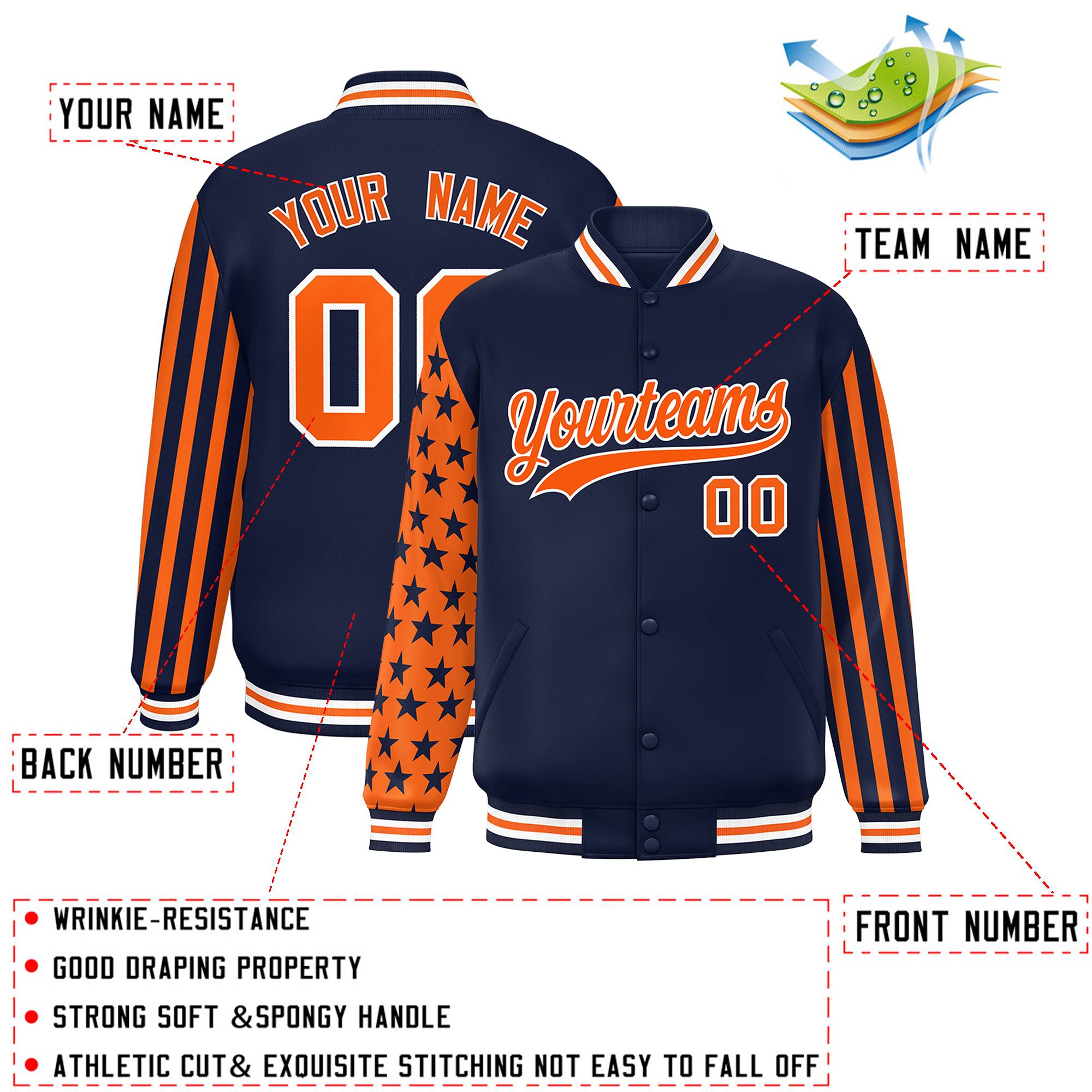 Custom Navy American Flag Varsity Full-Snap Authentic Raglan Sleeves Letterman Bomber Jacket