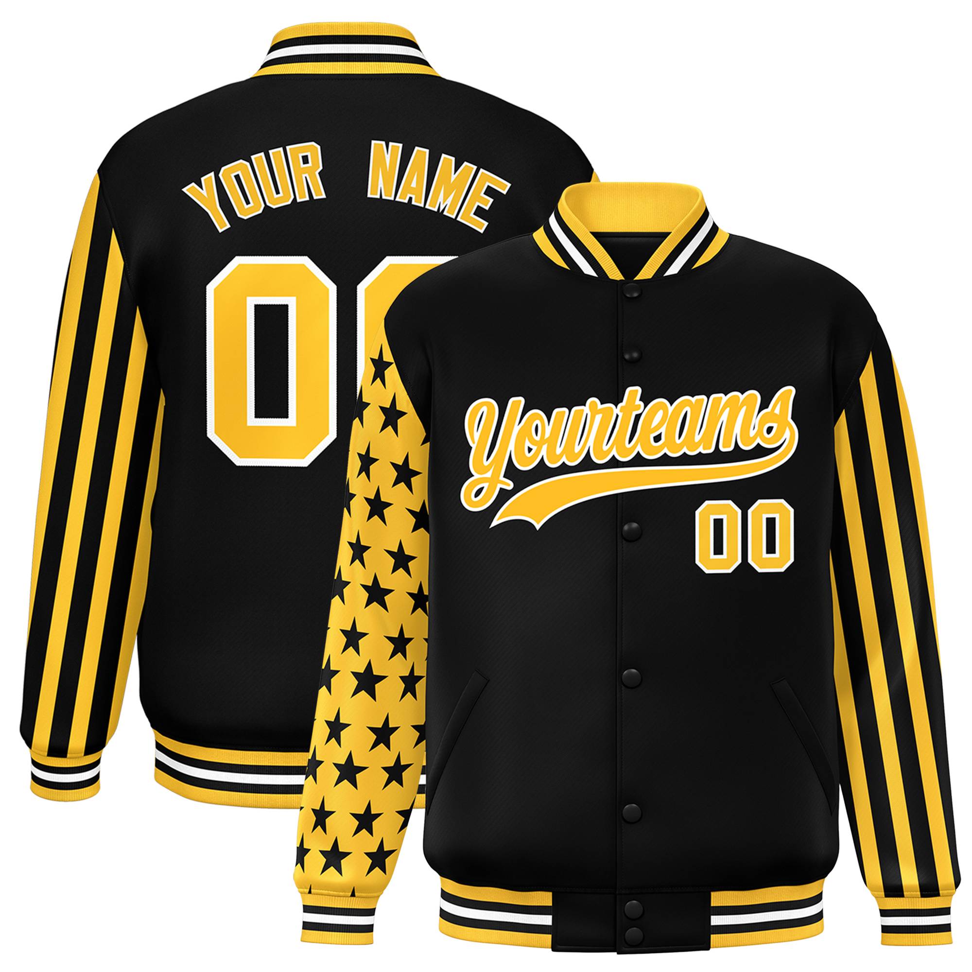 Custom Black American Flag Varsity Full-Snap Authentic Raglan Sleeves Letterman Bomber Jacket