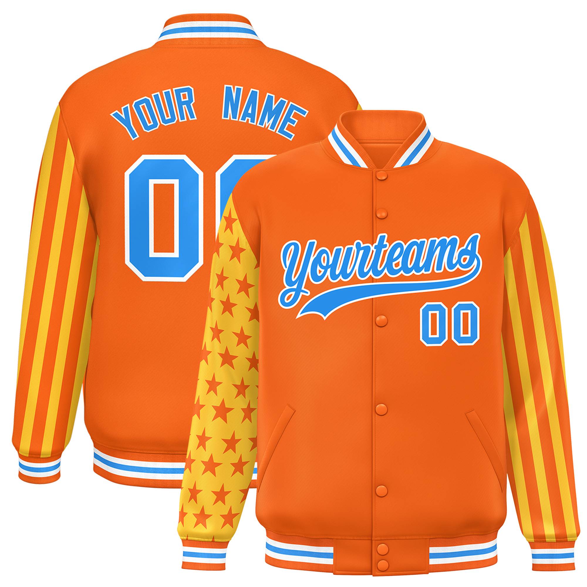 Custom Orange American Flag Varsity Full-Snap Authentic Raglan Sleeves Letterman Bomber Jacket