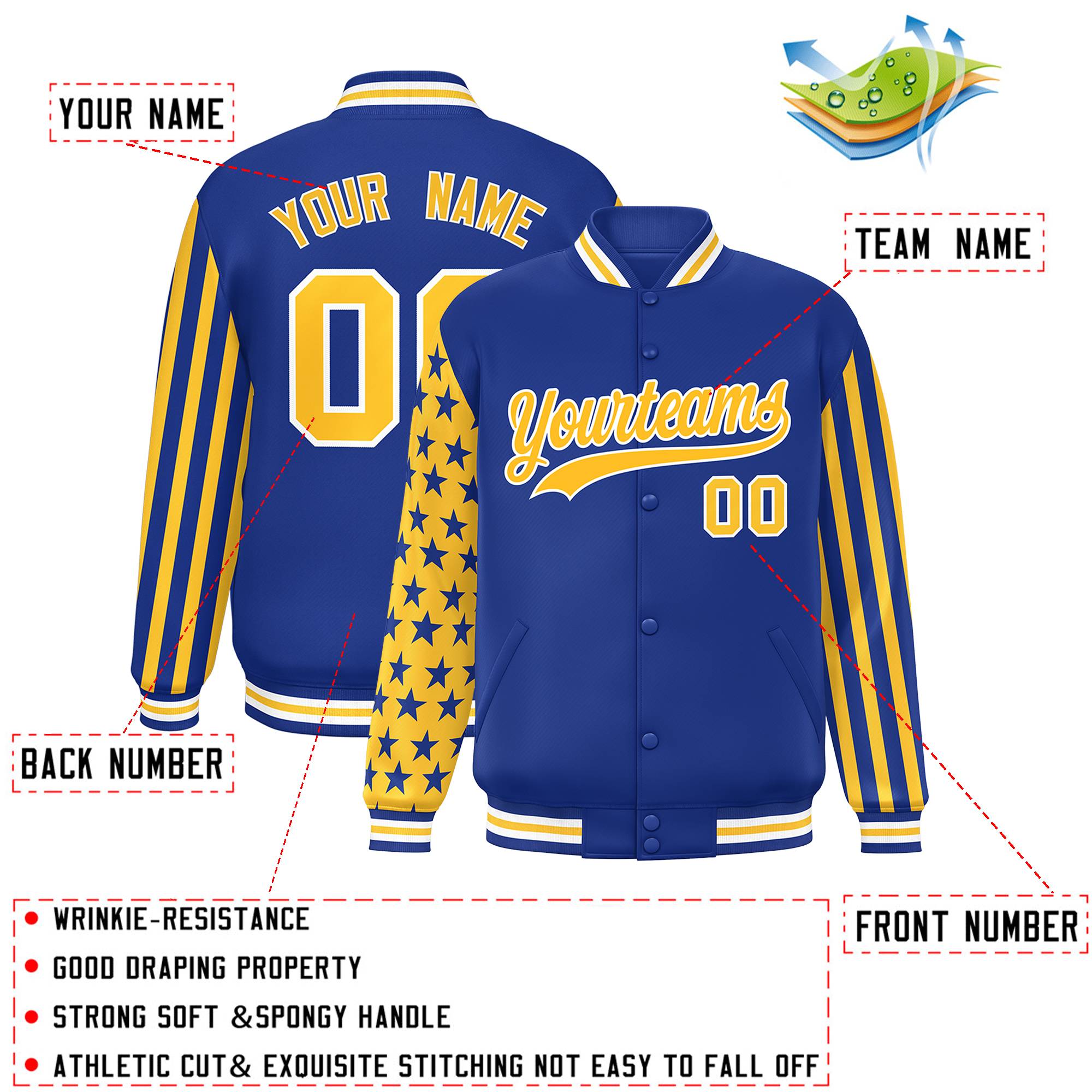 Custom Royal American Flag Varsity Full-Snap Authentic Raglan Sleeves Letterman Bomber Jacket