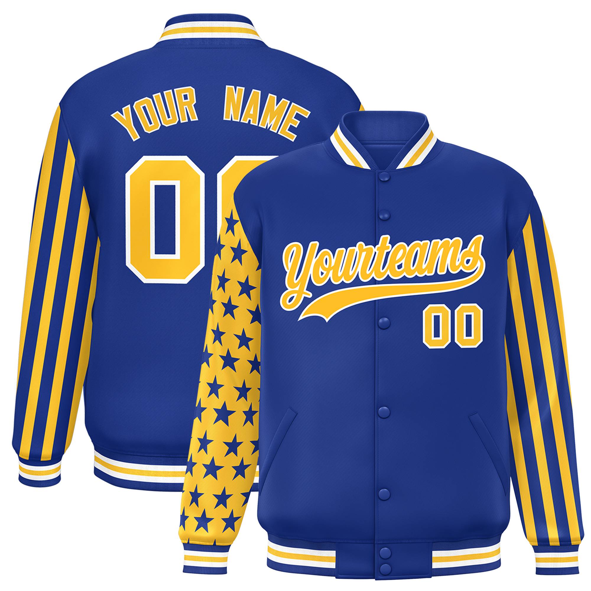 Custom Royal American Flag Varsity Full-Snap Authentic Raglan Sleeves Letterman Bomber Jacket