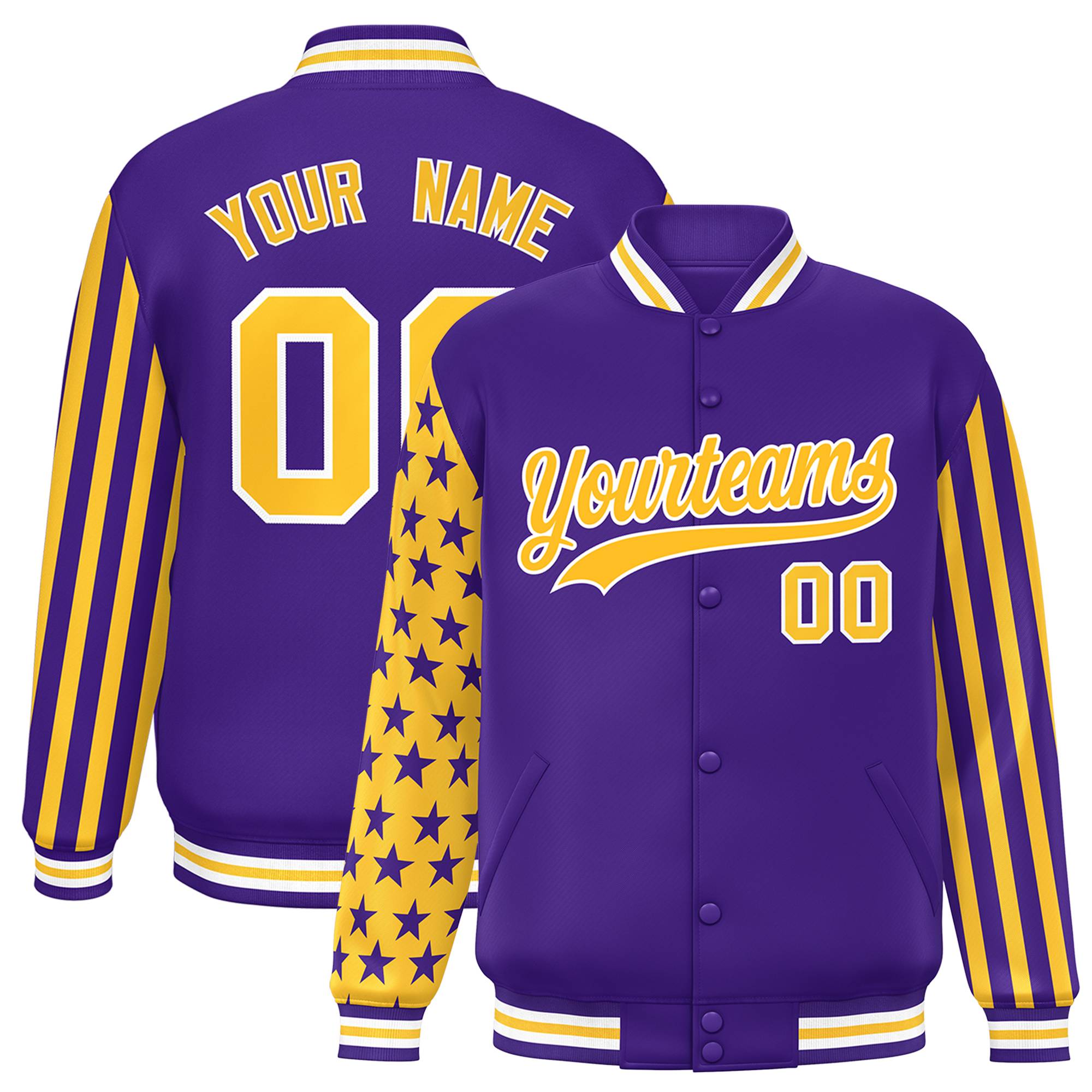 Custom Purple American Flag Varsity Full-Snap Authentic Raglan Sleeves Letterman Bomber Jacket