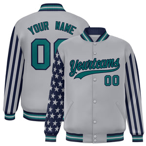 Custom Gray American Flag Varsity Full-Snap Authentic Raglan Sleeves Letterman Bomber Jacket