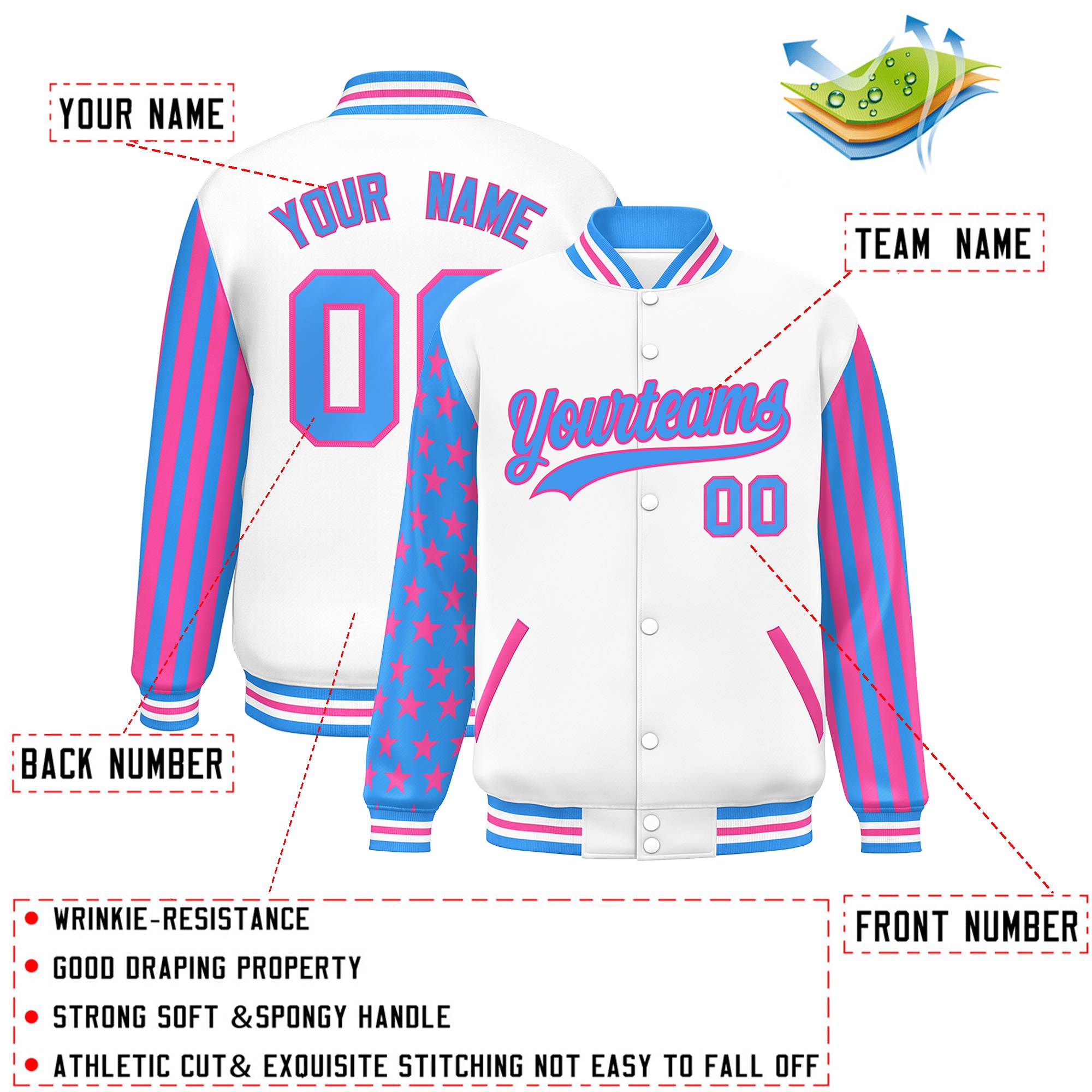 Custom White Powder Blue American Flag Varsity Full-Snap Authentic Raglan Sleeves Letterman Bomber Jacket