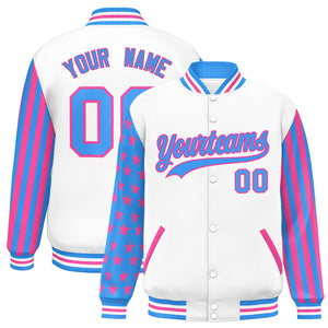 Custom White Powder Blue American Flag Varsity Full-Snap Authentic Raglan Sleeves Letterman Bomber Jacket