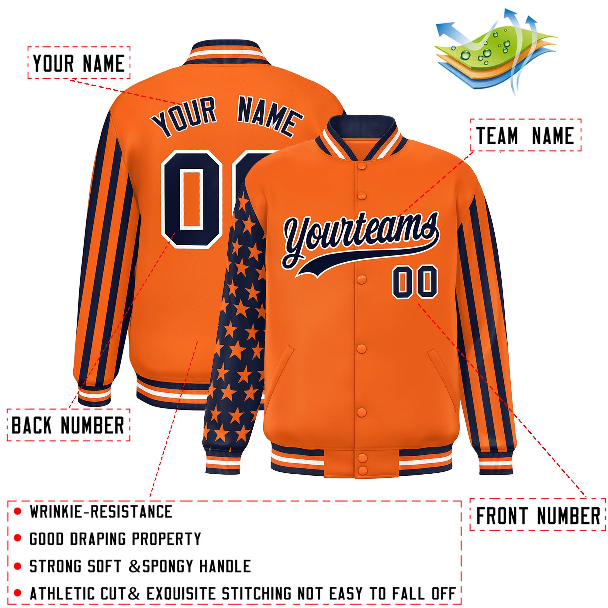 Custom Orange Navy American Flag Varsity Full-Snap Authentic Raglan Sleeves Letterman Bomber Jacket