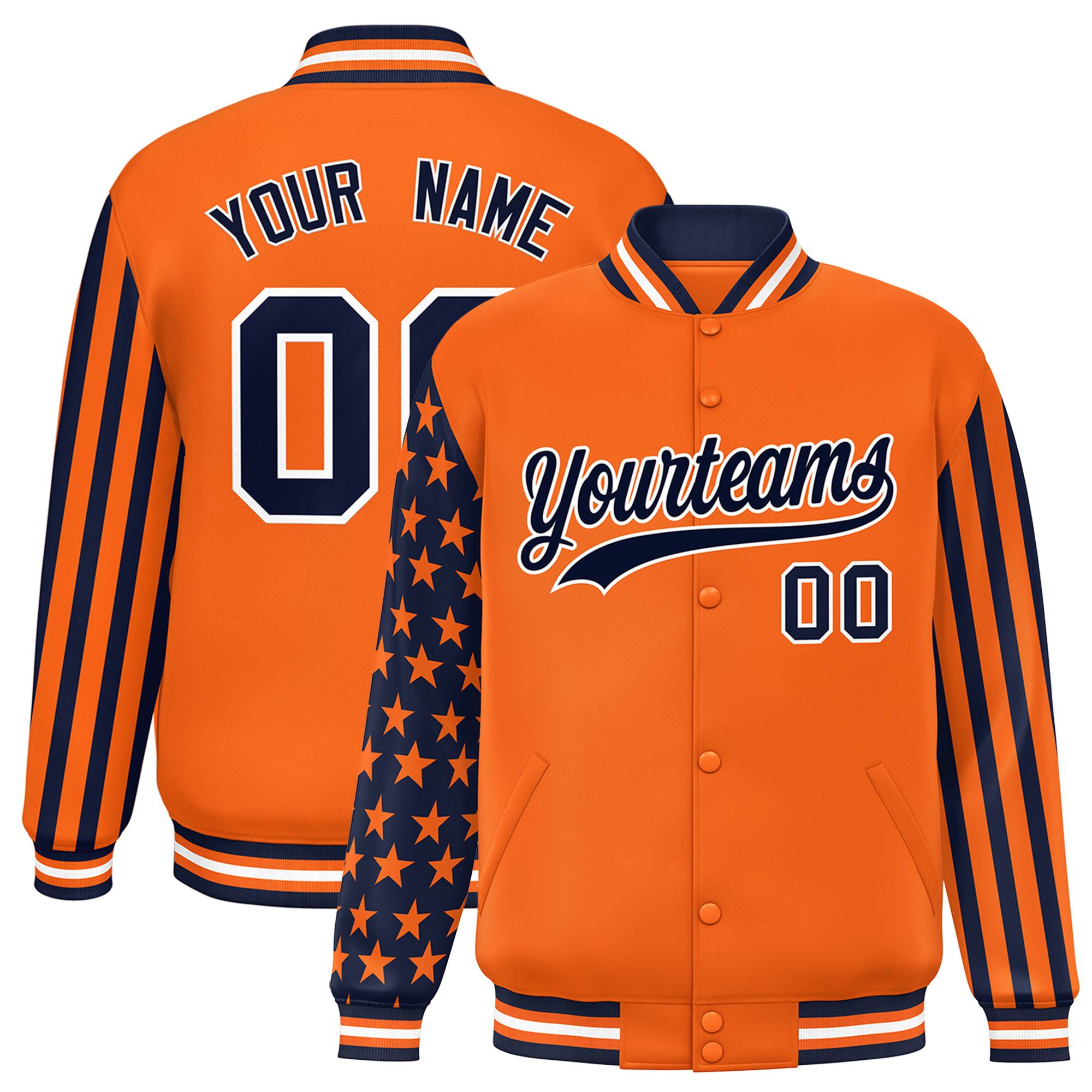 Custom Orange Navy American Flag Varsity Full-Snap Authentic Raglan Sleeves Letterman Bomber Jacket