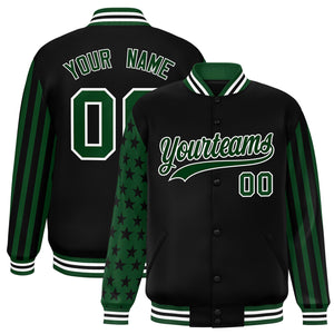 Custom Black Green American Flag Varsity Full-Snap Authentic Raglan Sleeves Letterman Bomber Jacket