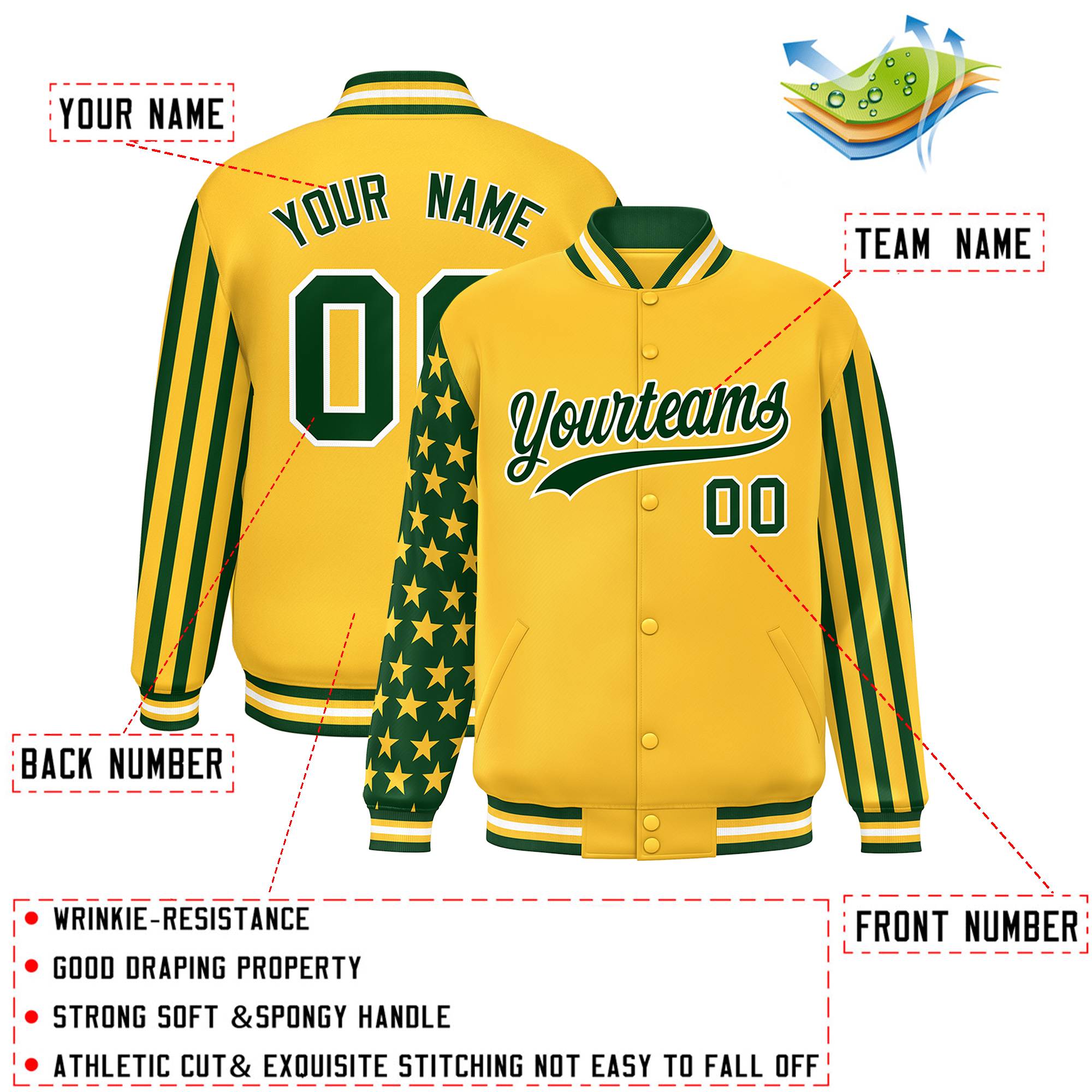 Custom Gold Green American Flag Varsity Full-Snap Authentic Raglan Sleeves Letterman Bomber Jacket