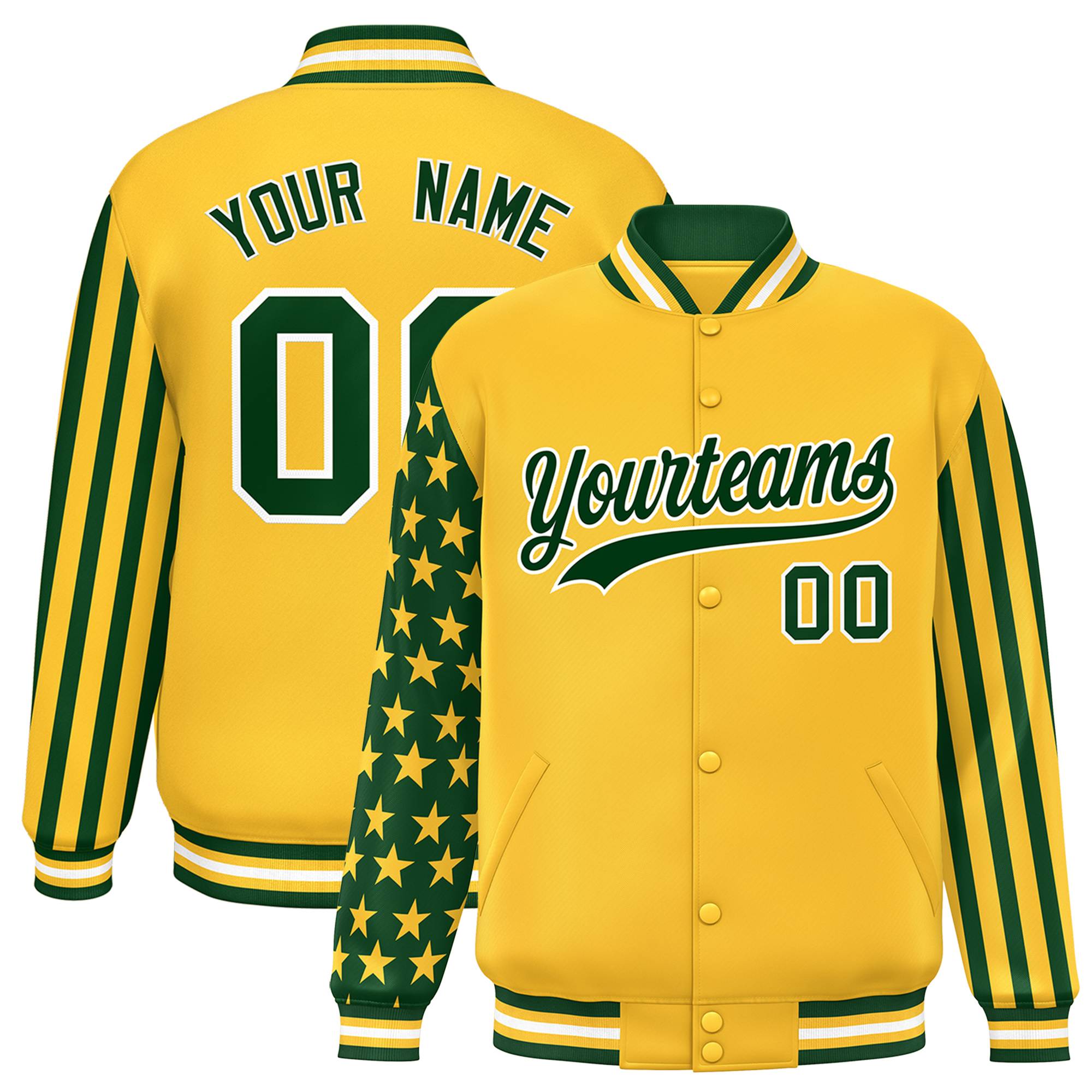 Custom Gold Green American Flag Varsity Full-Snap Authentic Raglan Sleeves Letterman Bomber Jacket