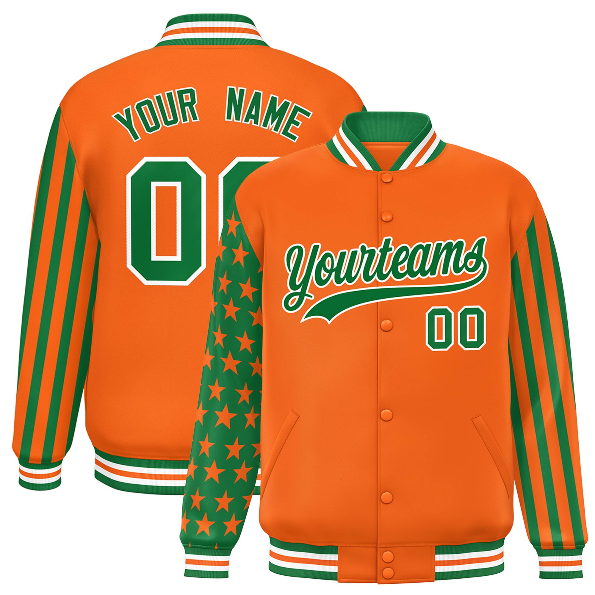 Custom Orange Kelly Green American Flag Varsity Full-Snap Authentic Raglan Sleeves Letterman Bomber Jacket