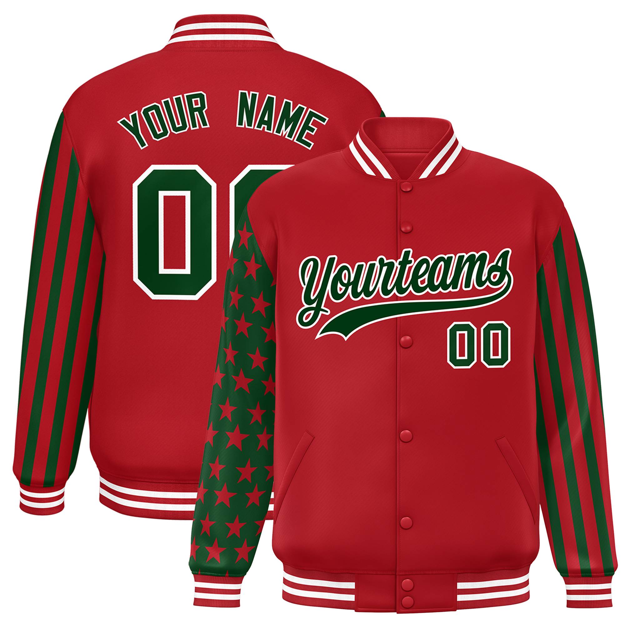 Custom Red Green American Flag Varsity Full-Snap Authentic Raglan Sleeves Letterman Bomber Jacket