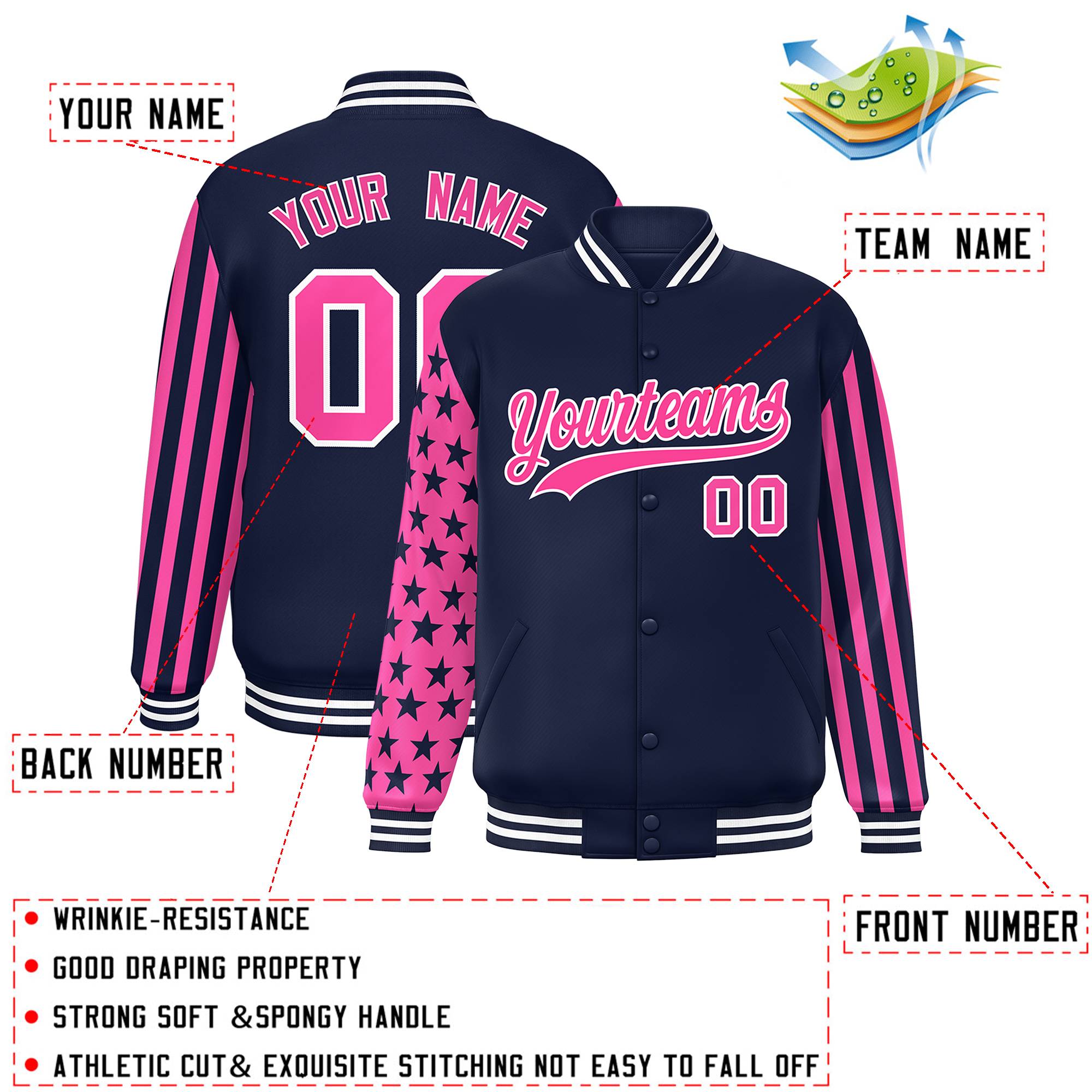 Custom Navy Pink American Flag Varsity Full-Snap Authentic Raglan Sleeves Letterman Bomber Jacket