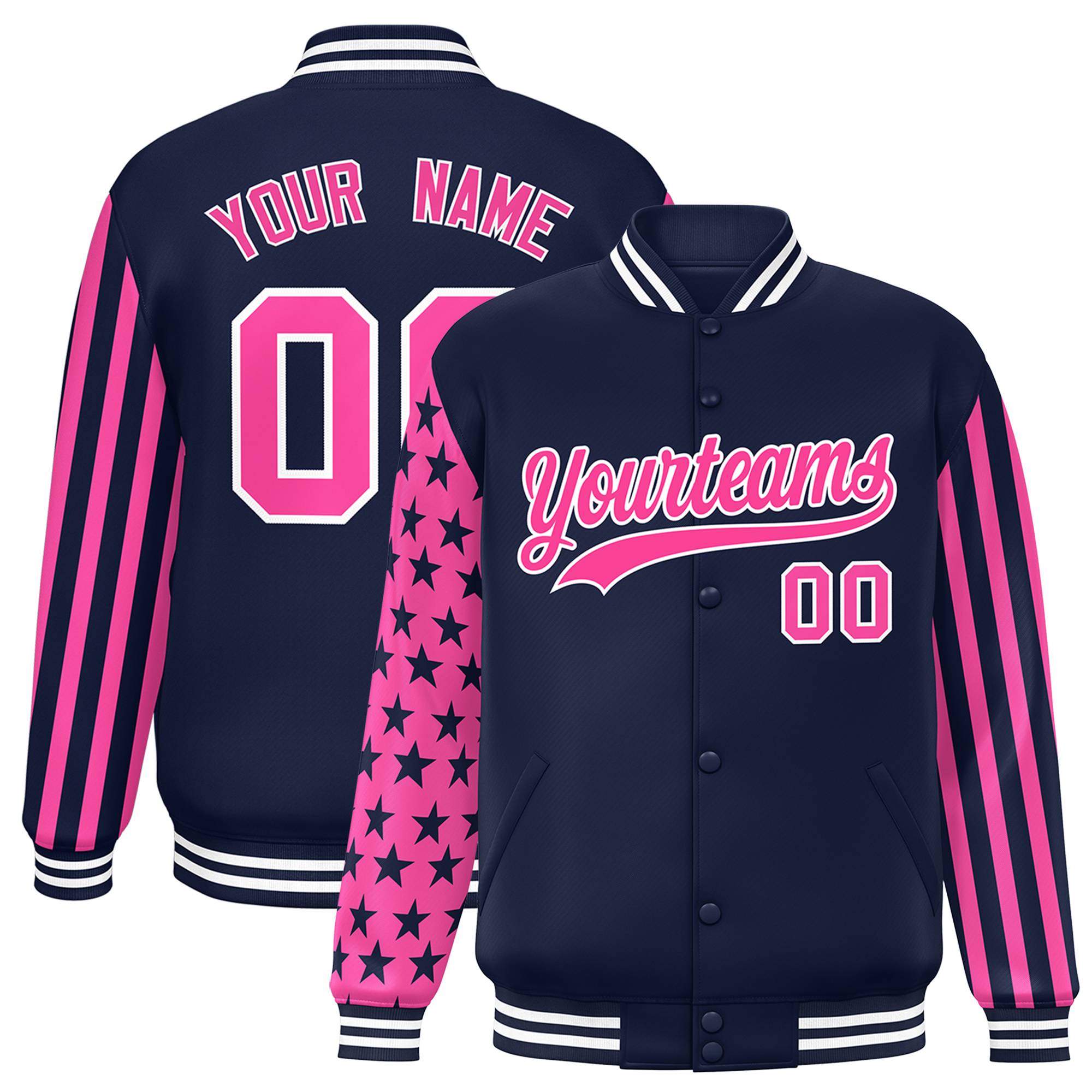 Custom Navy Pink American Flag Varsity Full-Snap Authentic Raglan Sleeves Letterman Bomber Jacket