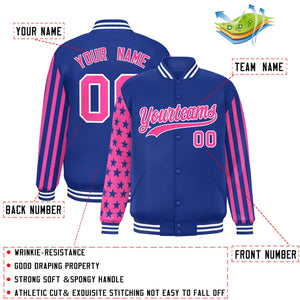 Custom Royal Pink American Flag Varsity Full-Snap Authentic Raglan Sleeves Letterman Bomber Jacket