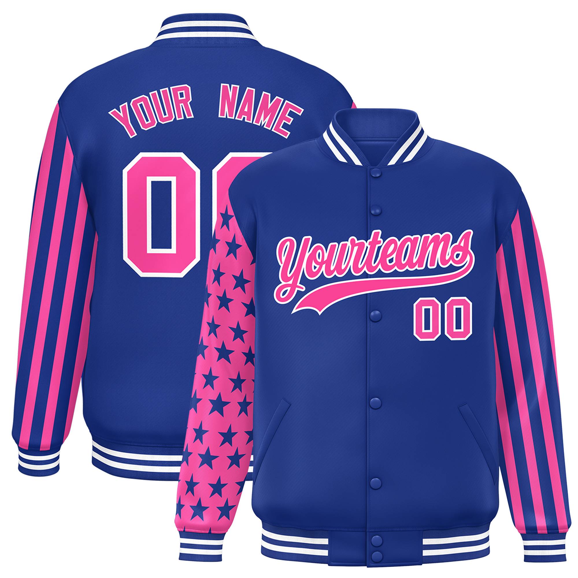 Custom Royal Pink American Flag Varsity Full-Snap Authentic Raglan Sleeves Letterman Bomber Jacket