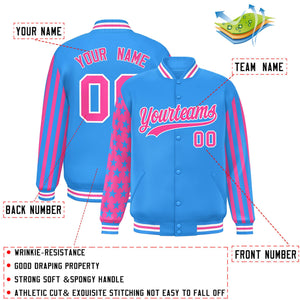 Custom Powder Blue Pink American Flag Varsity Full-Snap Authentic Raglan Sleeves Letterman Bomber Jacket