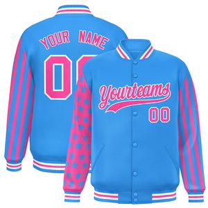 Custom Powder Blue Pink American Flag Varsity Full-Snap Authentic Raglan Sleeves Letterman Bomber Jacket