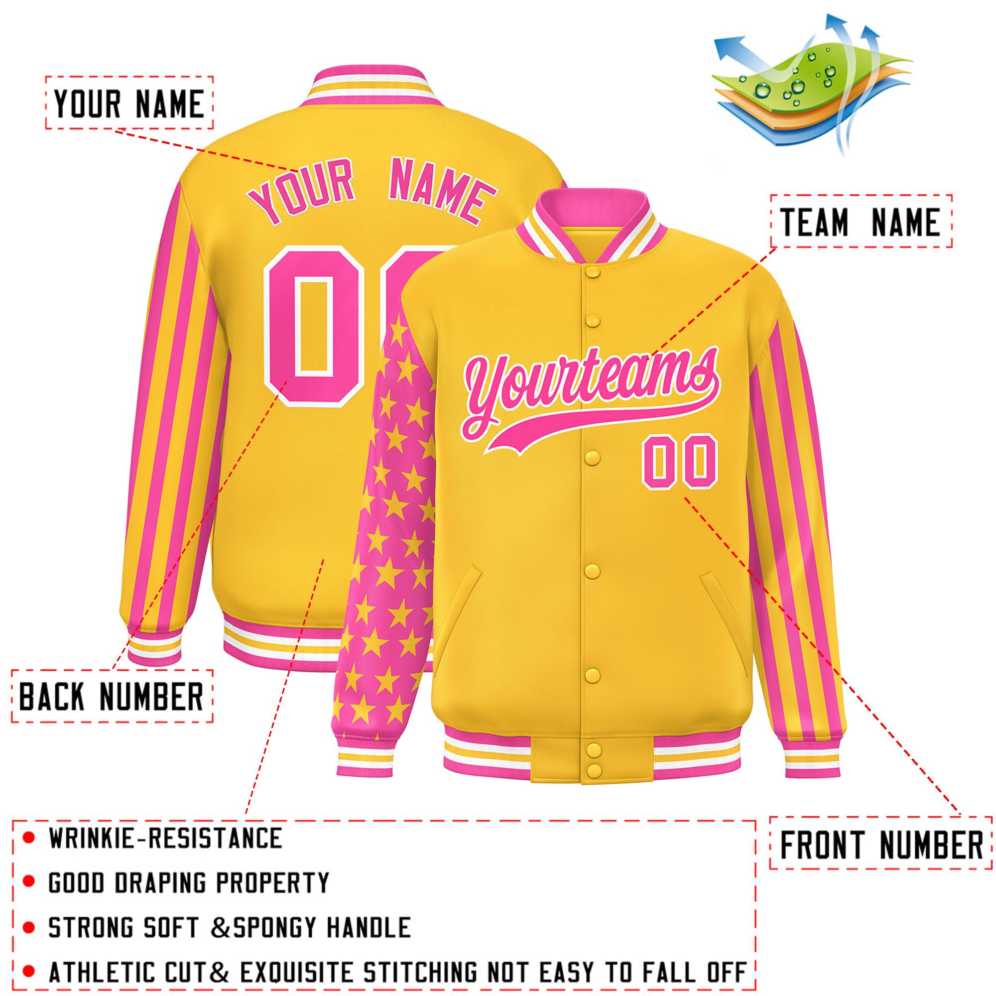 Custom Gold Pink American Flag Varsity Full-Snap Authentic Raglan Sleeves Letterman Bomber Jacket