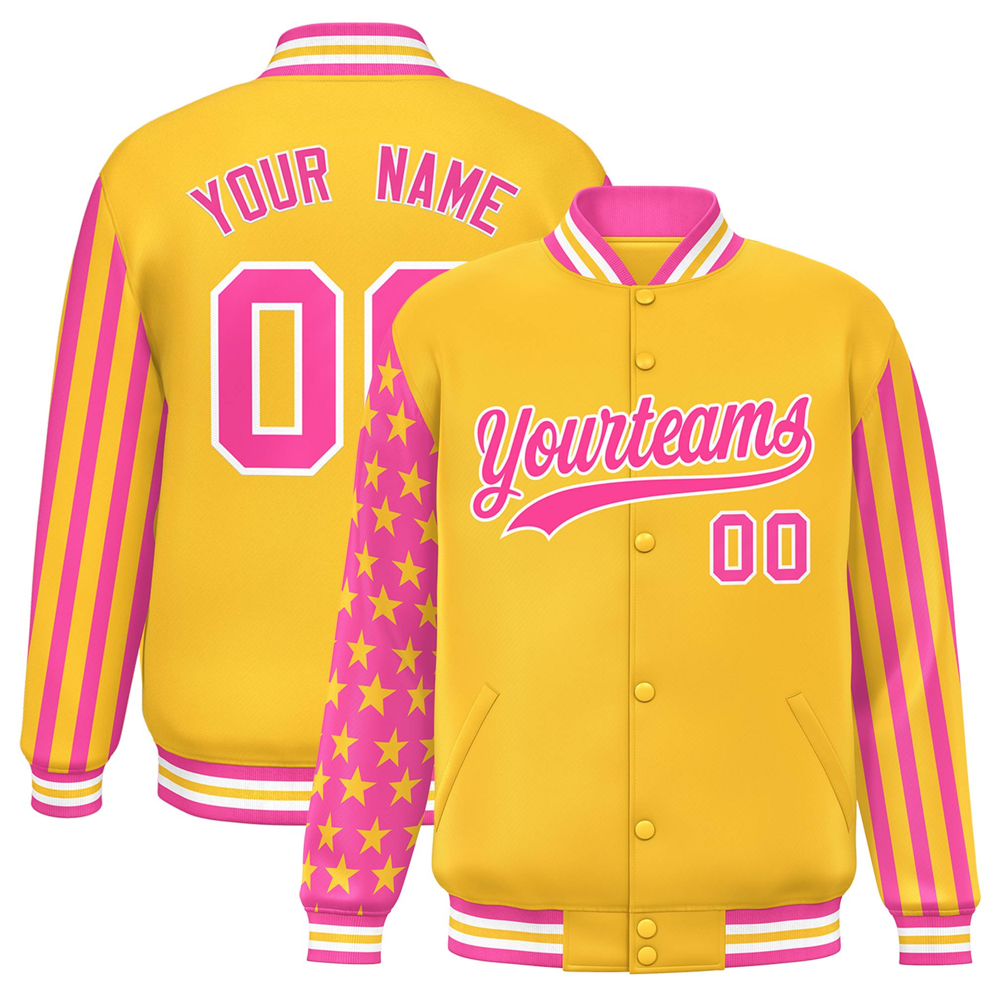 Custom Gold Pink American Flag Varsity Full-Snap Authentic Raglan Sleeves Letterman Bomber Jacket