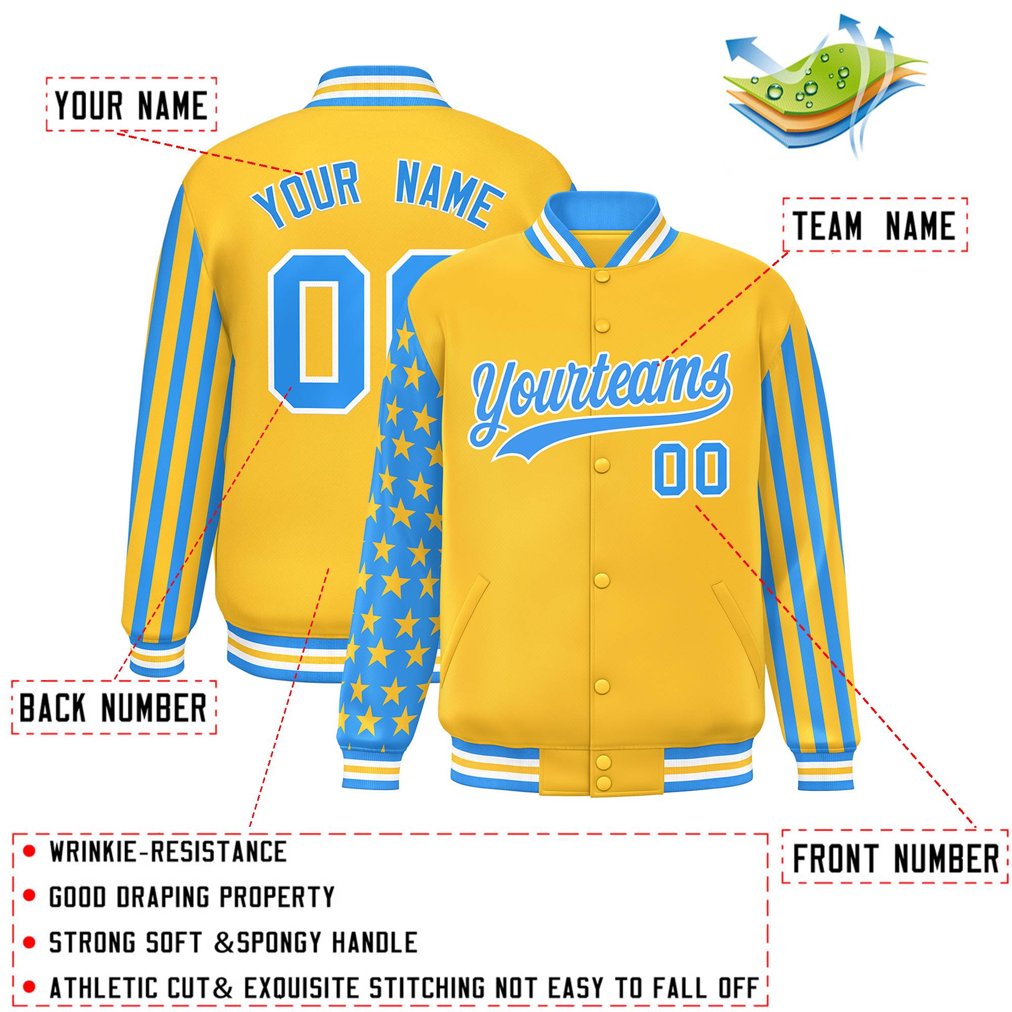 Custom Gold Powder Blue American Flag Varsity Full-Snap Authentic Raglan Sleeves Letterman Bomber Jacket