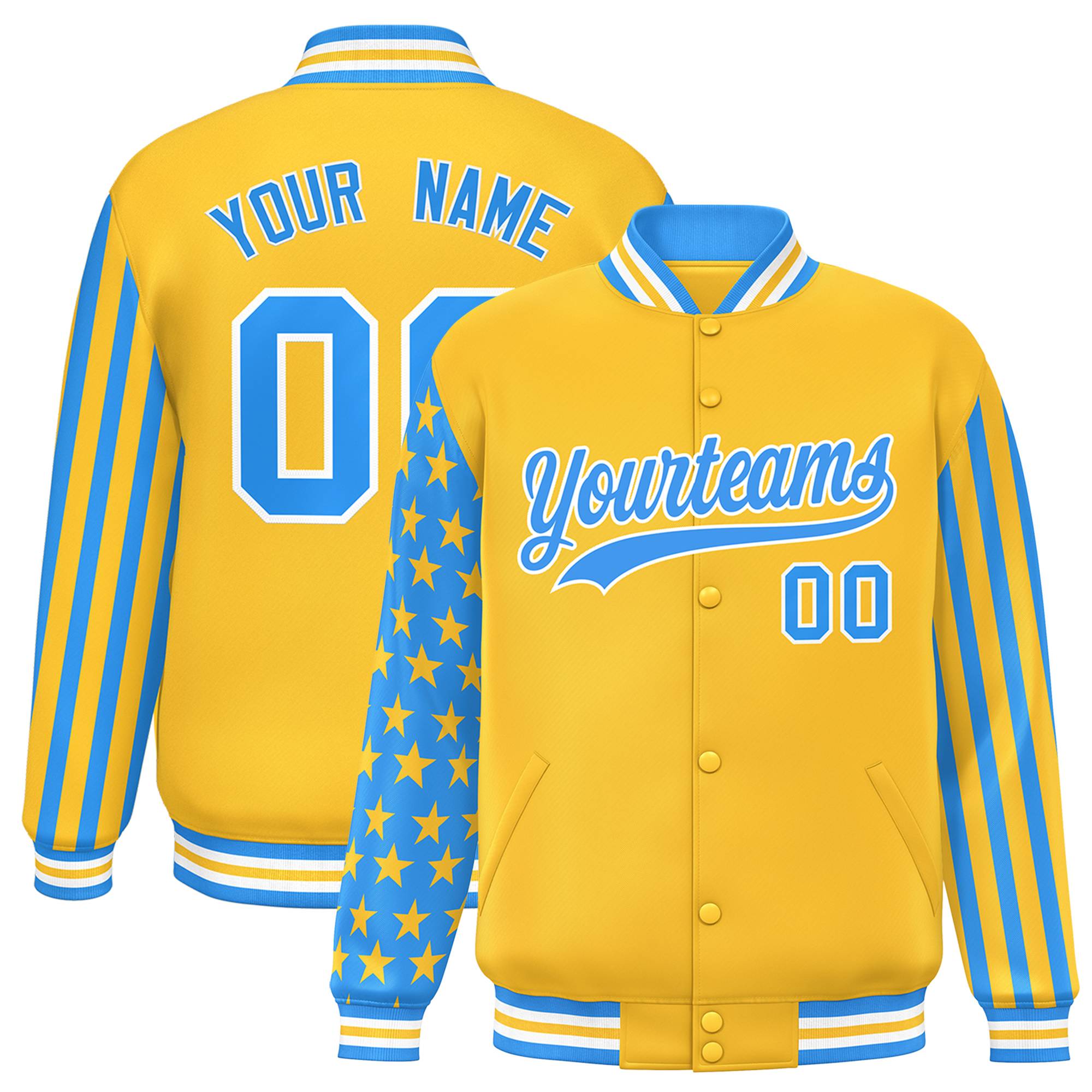 Custom Gold Powder Blue American Flag Varsity Full-Snap Authentic Raglan Sleeves Letterman Bomber Jacket