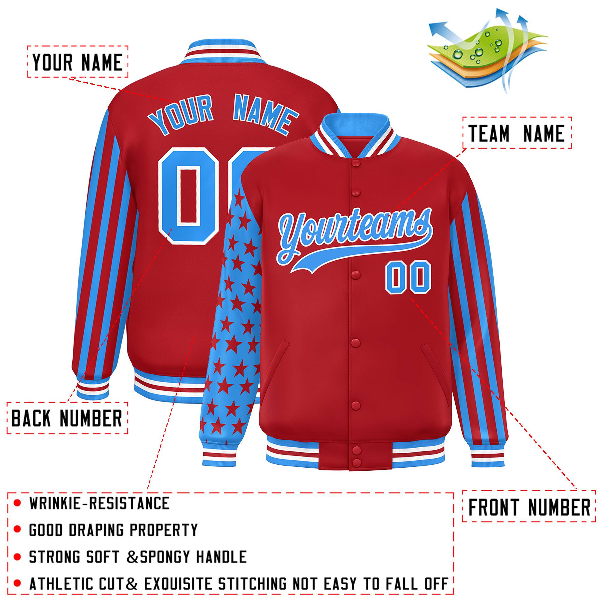 Custom Red Powder Blue American Flag Varsity Full-Snap Authentic Raglan Sleeves Letterman Bomber Jacket